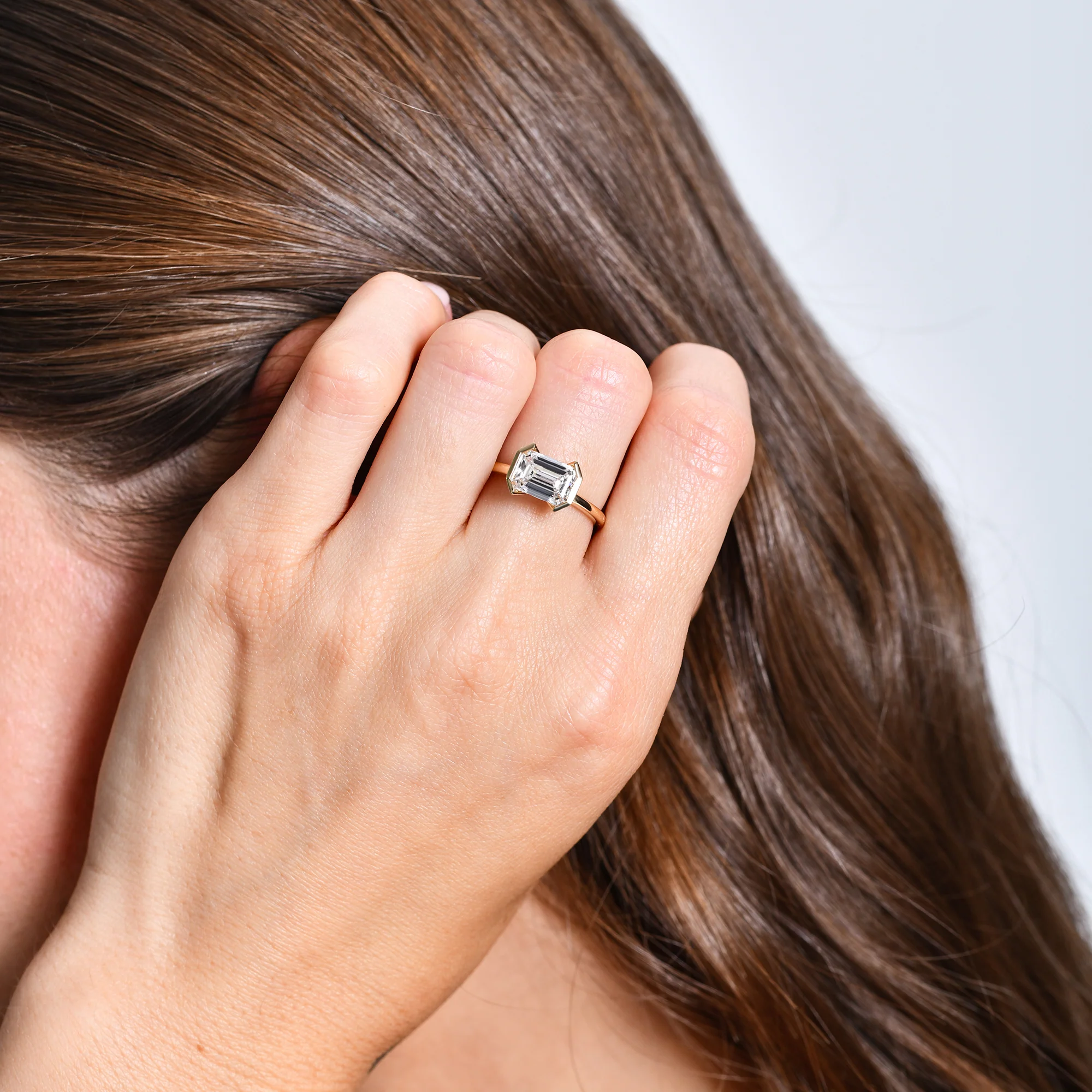 2.00 ctw 14K Half Bezel East-West Emerald Cut Lab Grown Engagement Ring - Amelia - Image 2