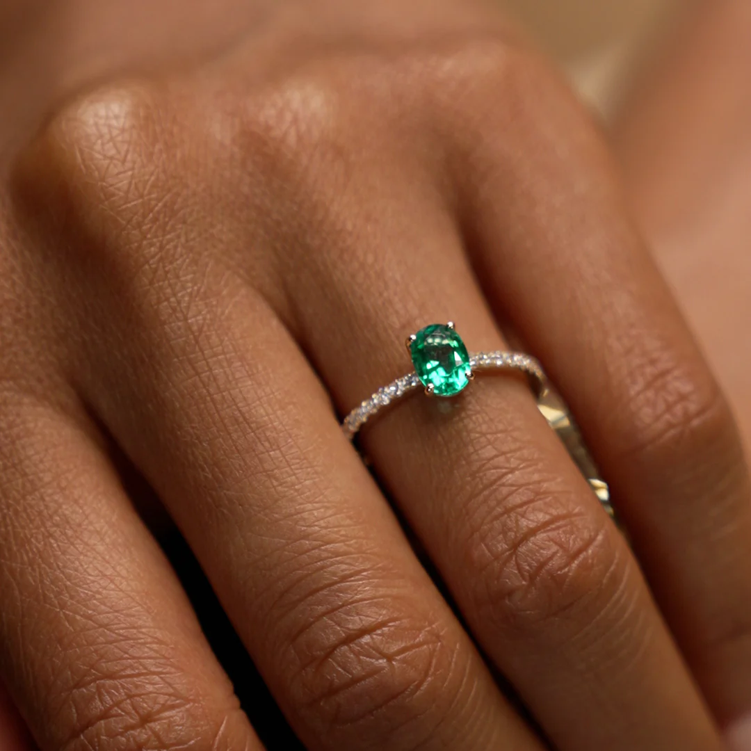 0.88 Ctw 14k Lab Grown Colombian Emerald and Diamond Ring - Eleni - Image 2