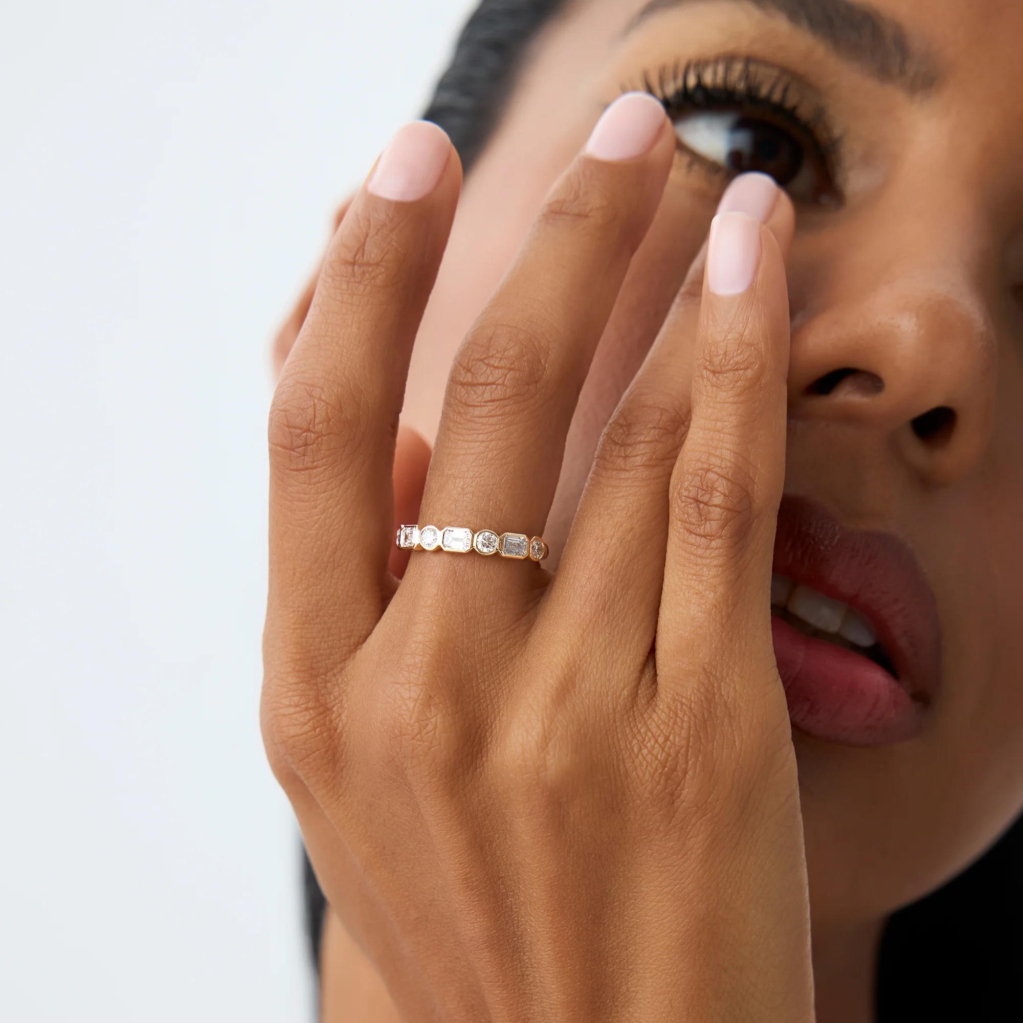 0.95 ctw 14k Bezel Setting Emerald Cut & Round Lab Grown Diamond Wedding Ring - Sarah - Image 2