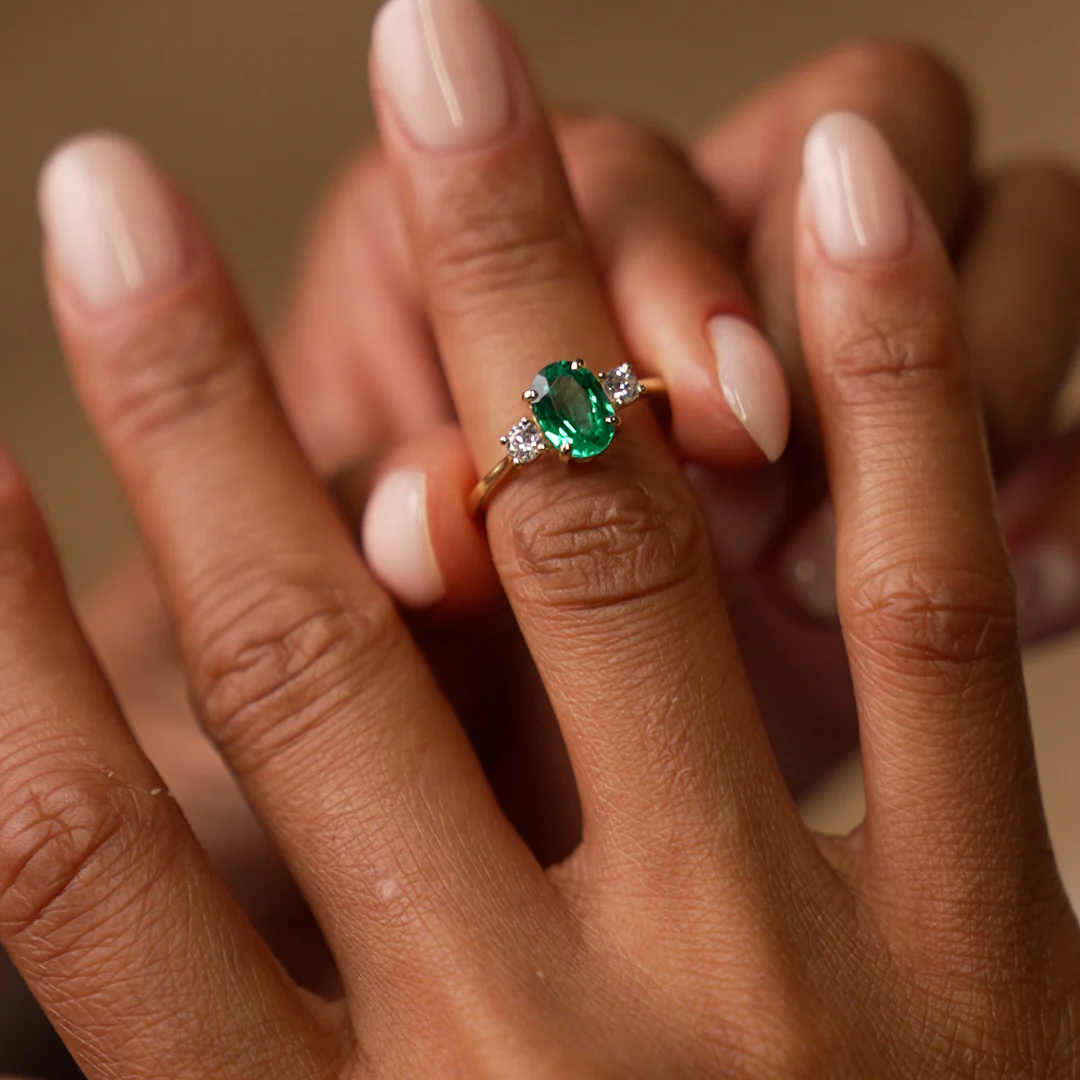 1.20 Ctw 14k Lab Grown Colombian Emerald and Diamond Three Stone Ring - Lyra - Image 2