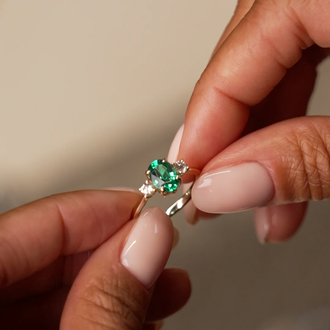 1.20 Ctw 14k Lab Grown Colombian Emerald and Diamond Three Stone Ring - Lyra - Image 3