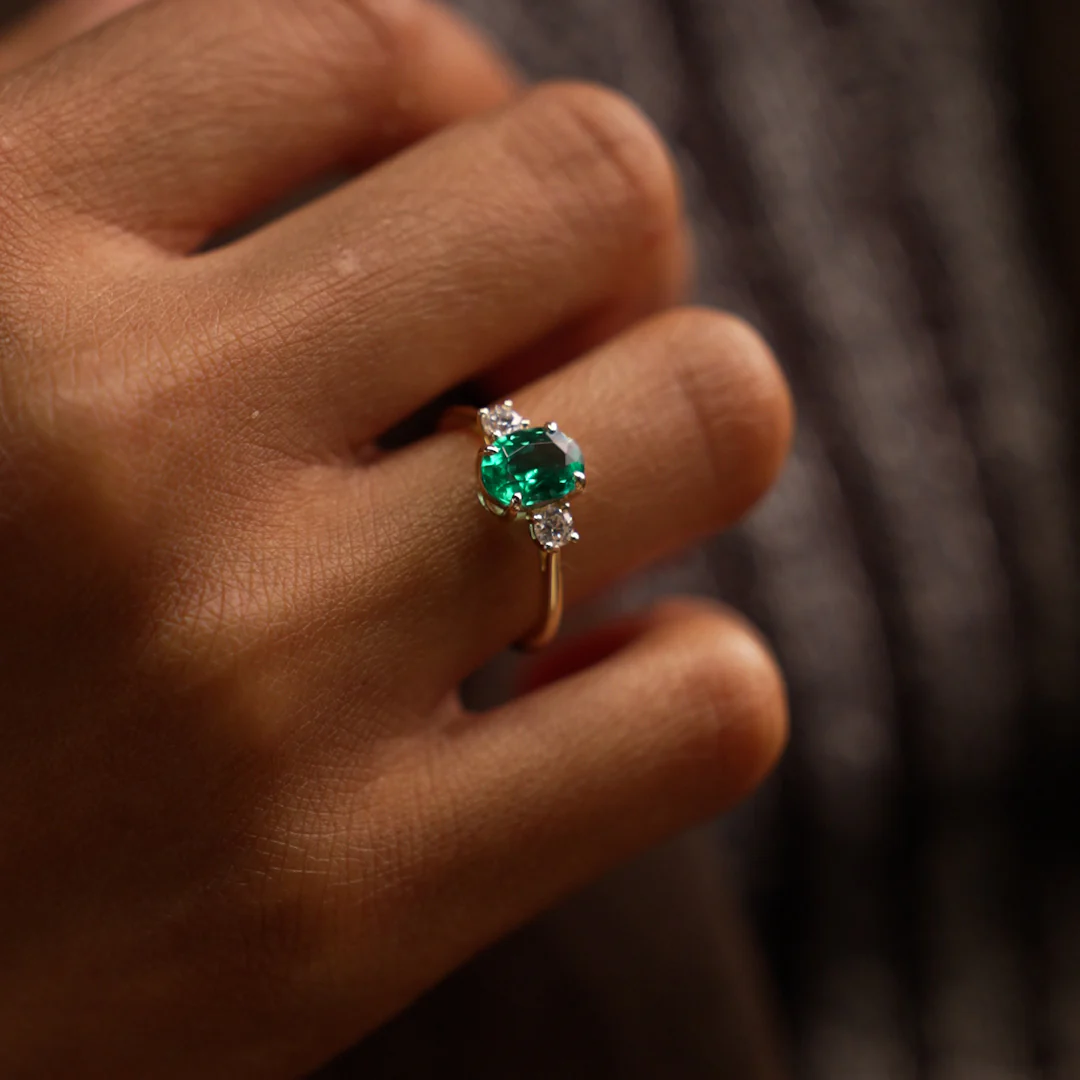 1.20 Ctw 14k Lab Grown Colombian Emerald and Diamond Three Stone Ring - Lyra - Image 4