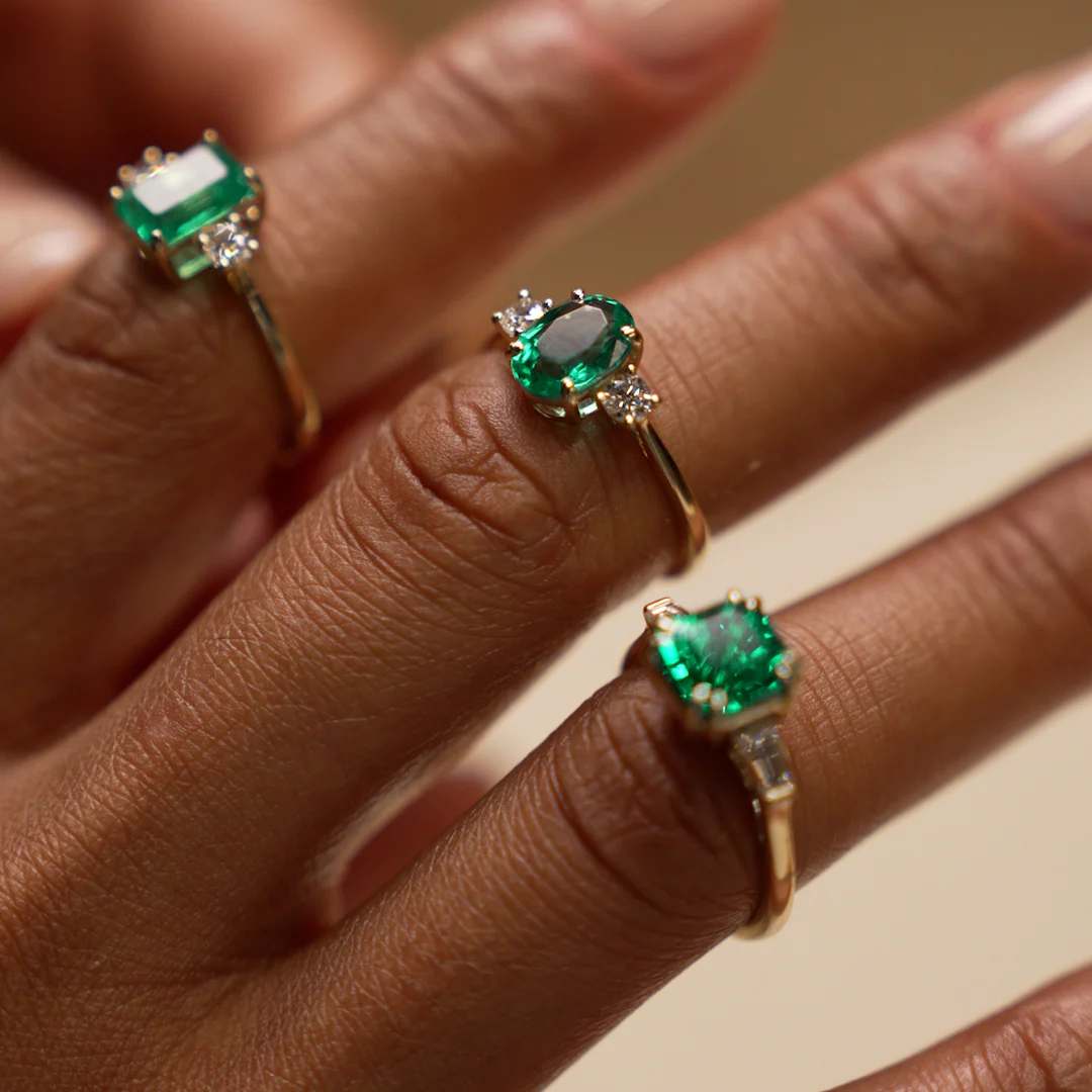 1.20 Ctw 14k Lab Grown Colombian Emerald and Diamond Three Stone Ring - Lyra - Image 5