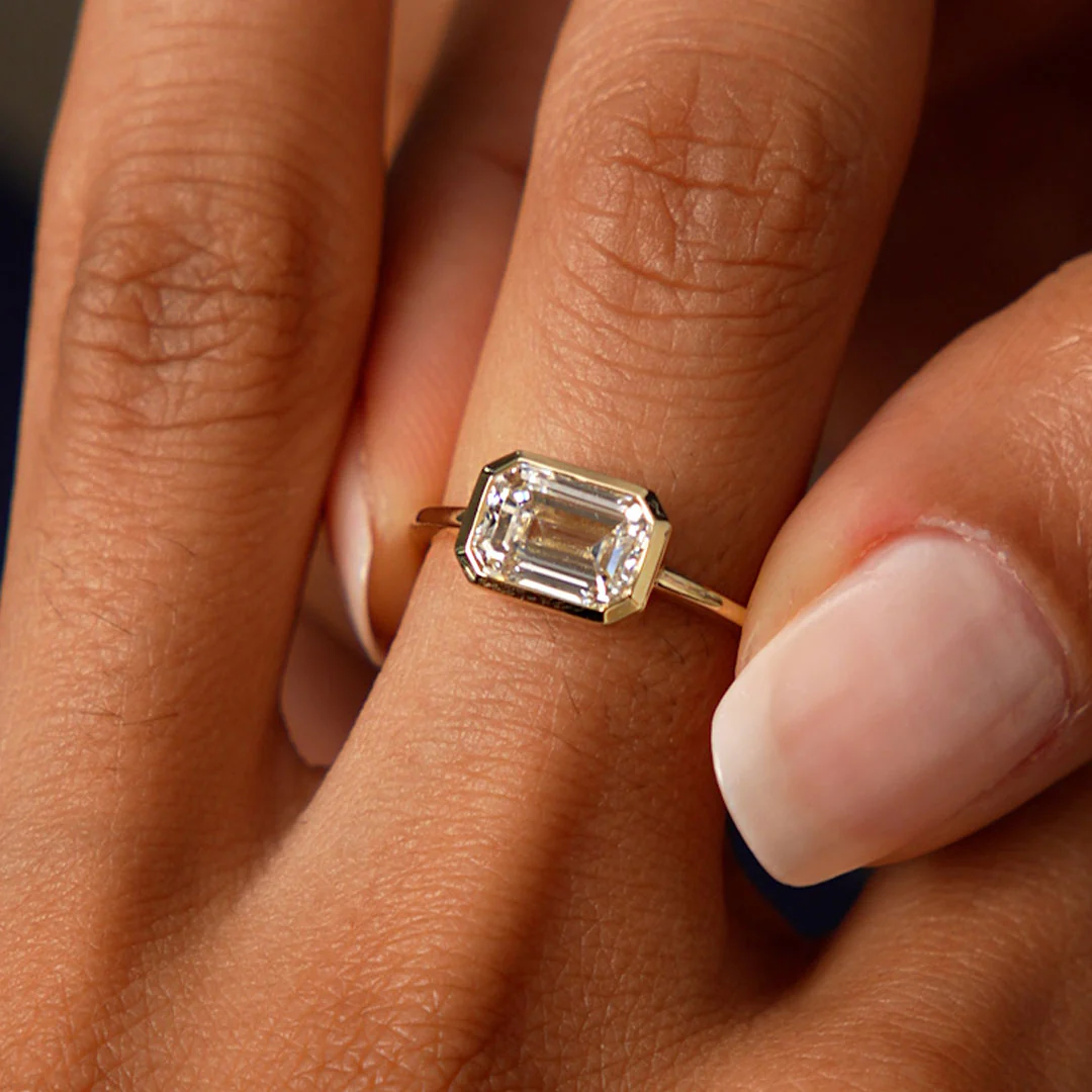1.50 Ctw East West Emerald Cut Lab Grown Bezel Setting Modern Engagement Ring - Dahlia - Image 2