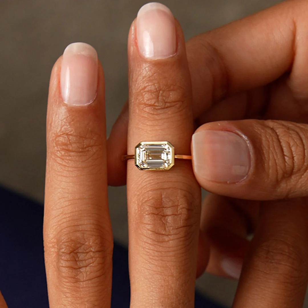 1.50 Ctw East West Emerald Cut Lab Grown Bezel Setting Modern Engagement Ring - Dahlia - Image 3