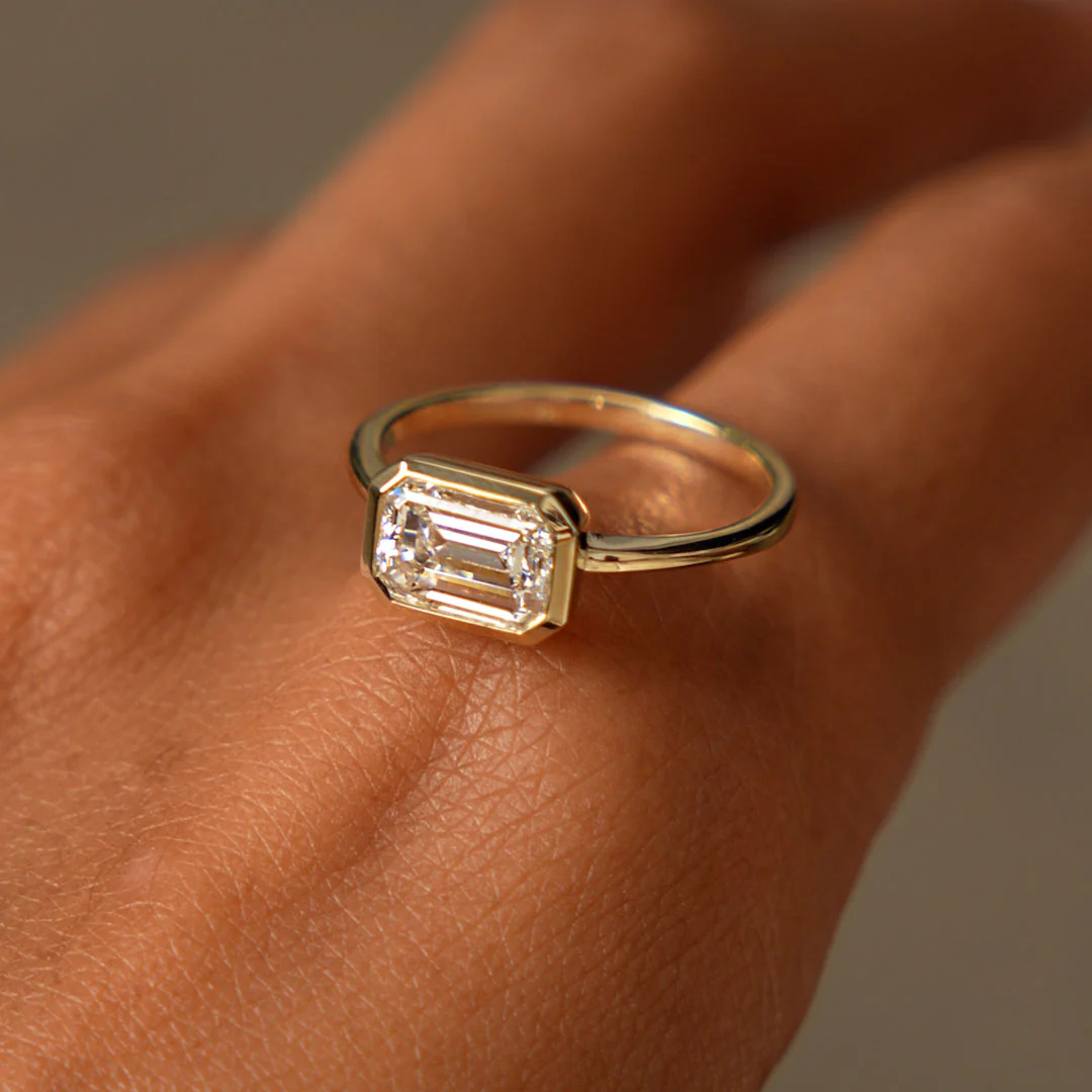 1.50 Ctw East West Emerald Cut Lab Grown Bezel Setting Modern Engagement Ring - Dahlia - Image 5