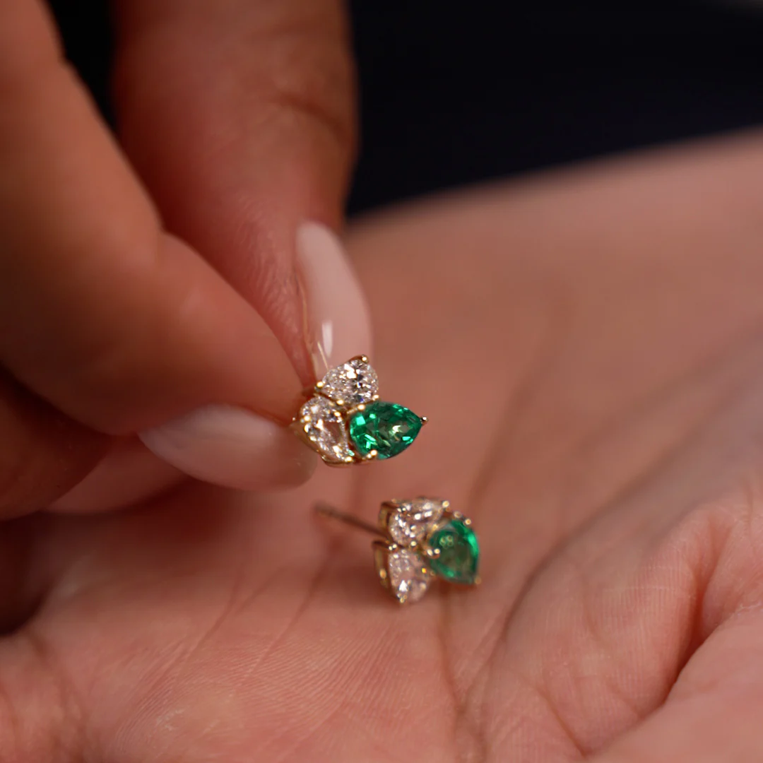 1.79 Ctw 14k Pear Shape Lab Grown Emerald and Diamond Stud Earrings - Fauna - Image 5