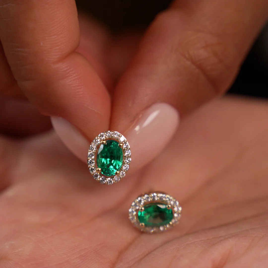 1.86 Ctw 14k Lab Grown Emerald and Diamond Oval Halo Stud Earrings - Edda - Image 2