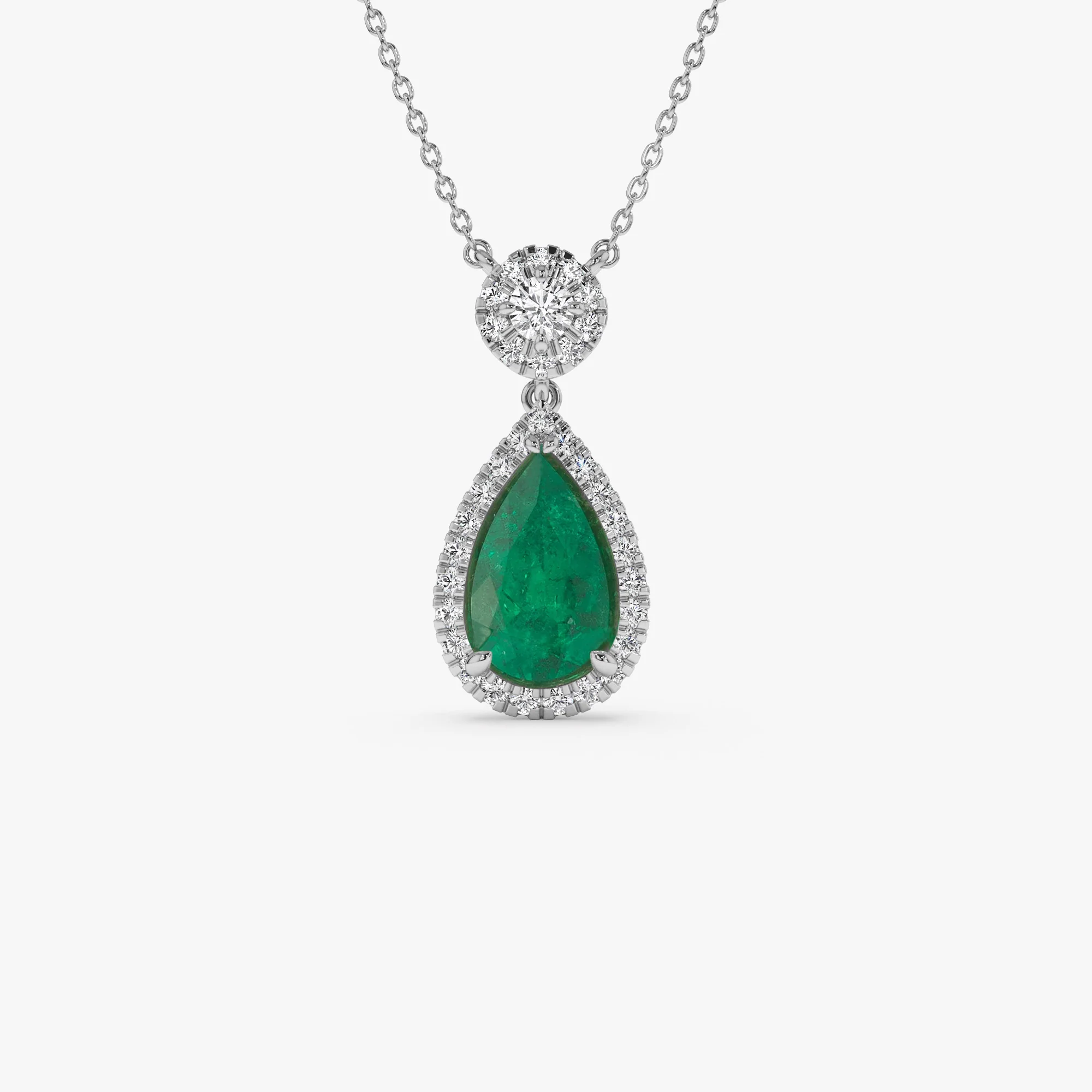 14k 2.00 Ctw Pear Shape Emerald and Diamond Halo Setting Necklace - Image 6