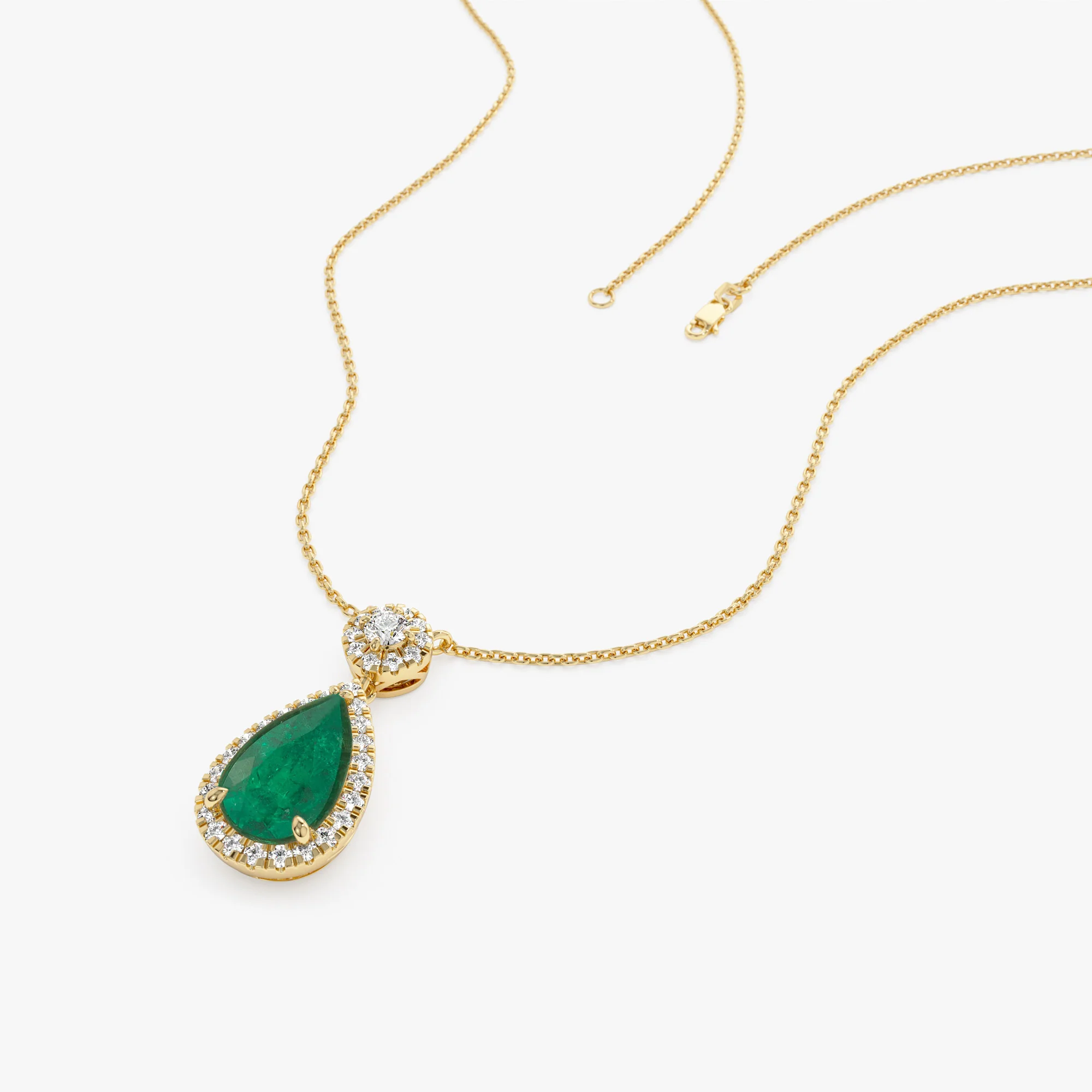 14k 2.00 Ctw Pear Shape Emerald and Diamond Halo Setting Necklace - Image 7