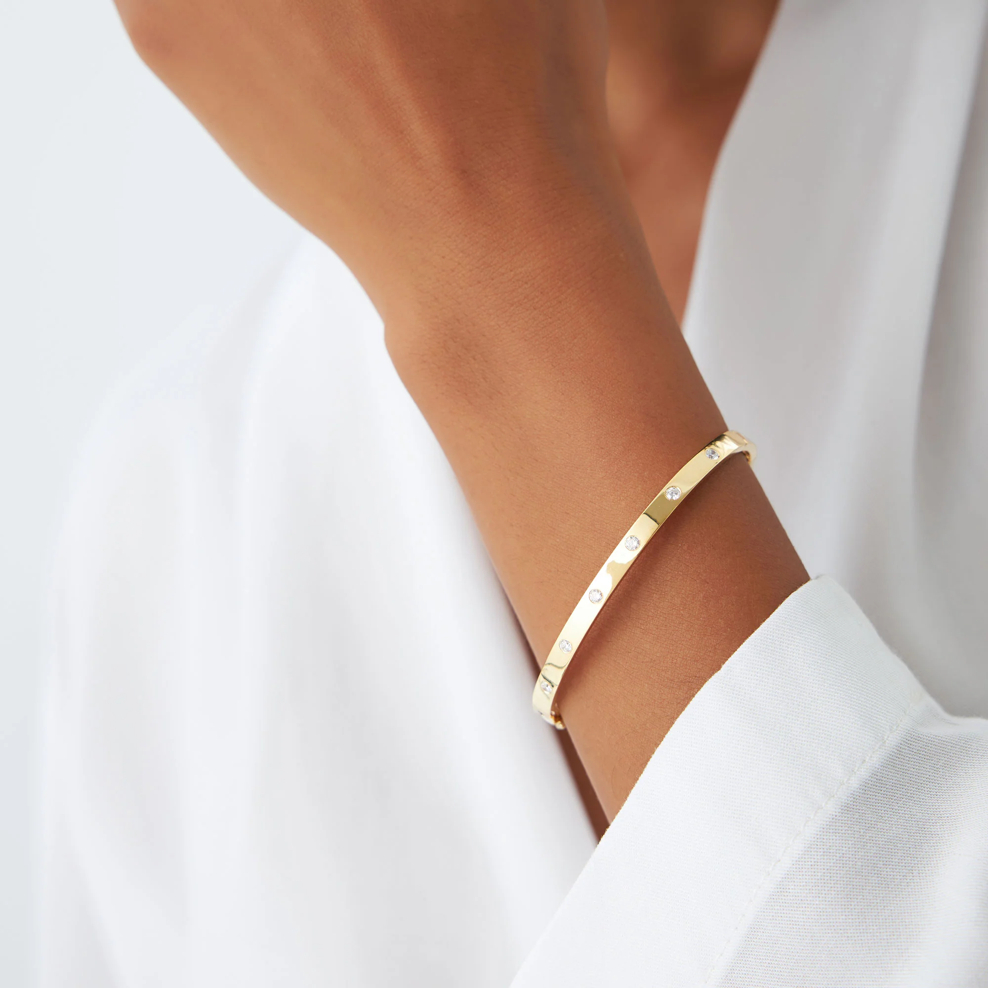 14k 3MM Flat Flush Setting Stacking Diamond Bangle - Image 5