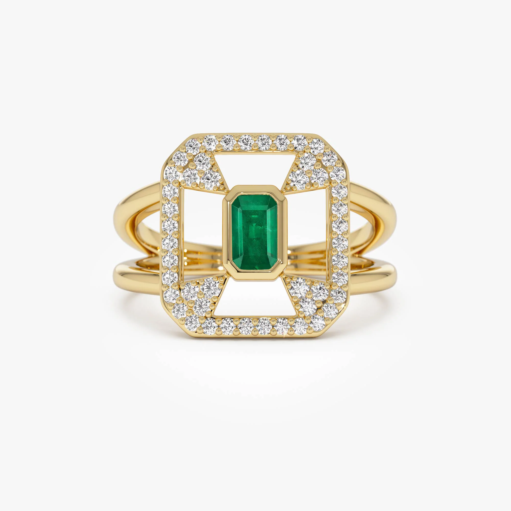 14k Art Deco Design Emerald Halo Ring