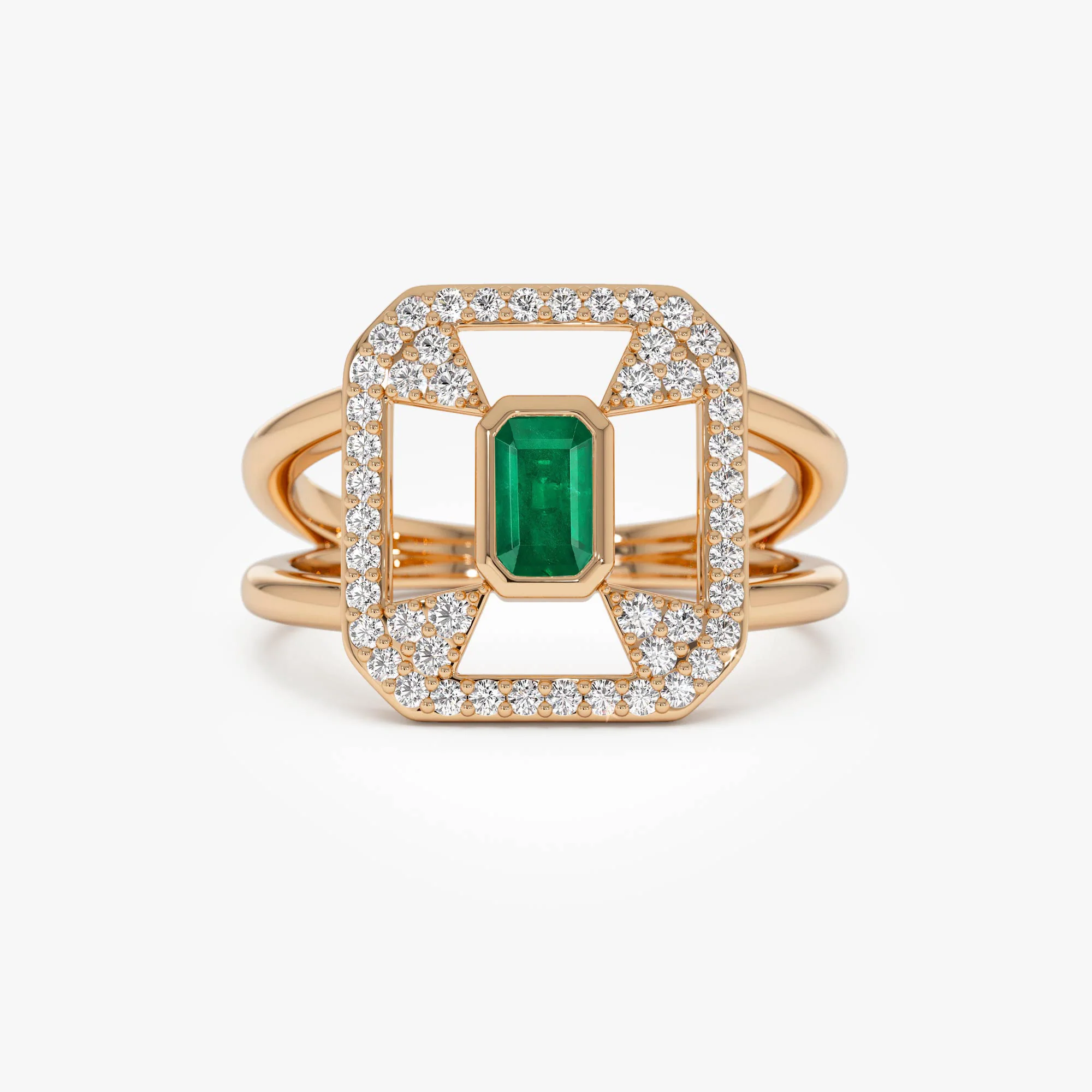 14k Art Deco Design Emerald Halo Ring - Image 3
