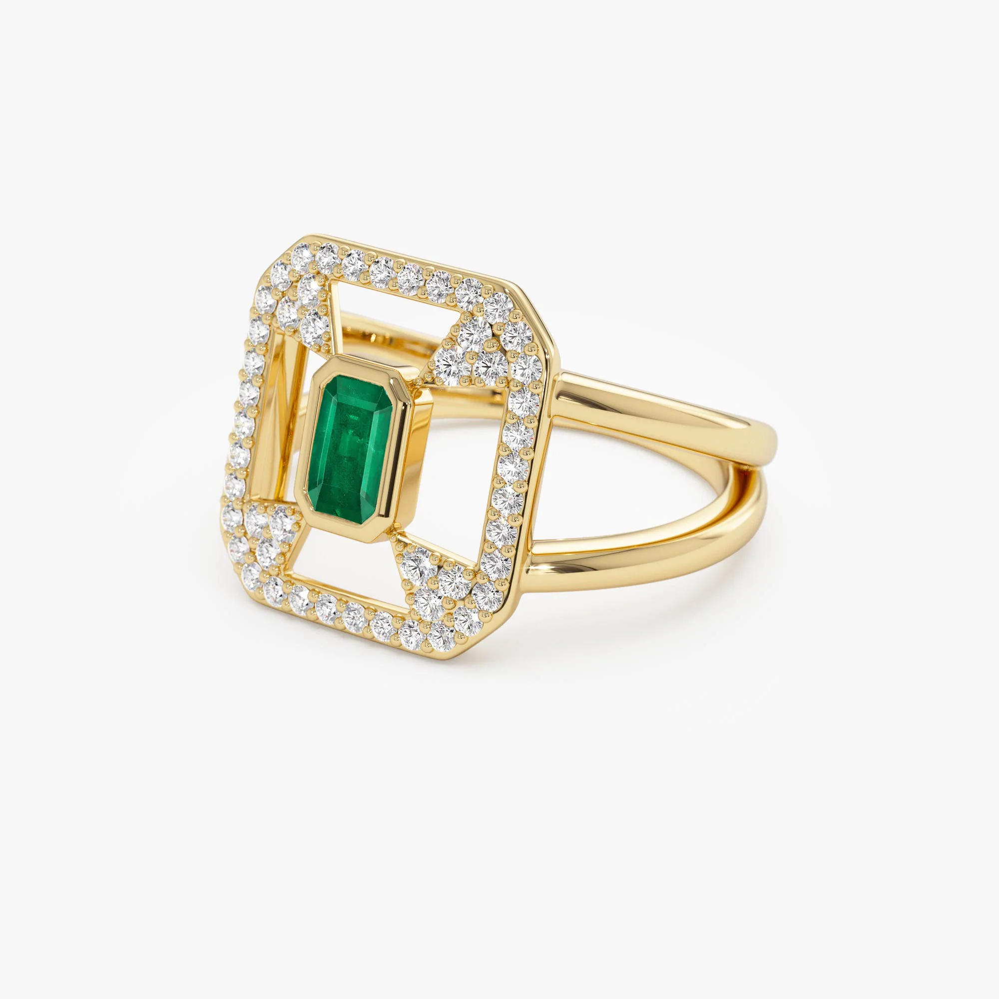 14k Art Deco Design Emerald Halo Ring - Image 5