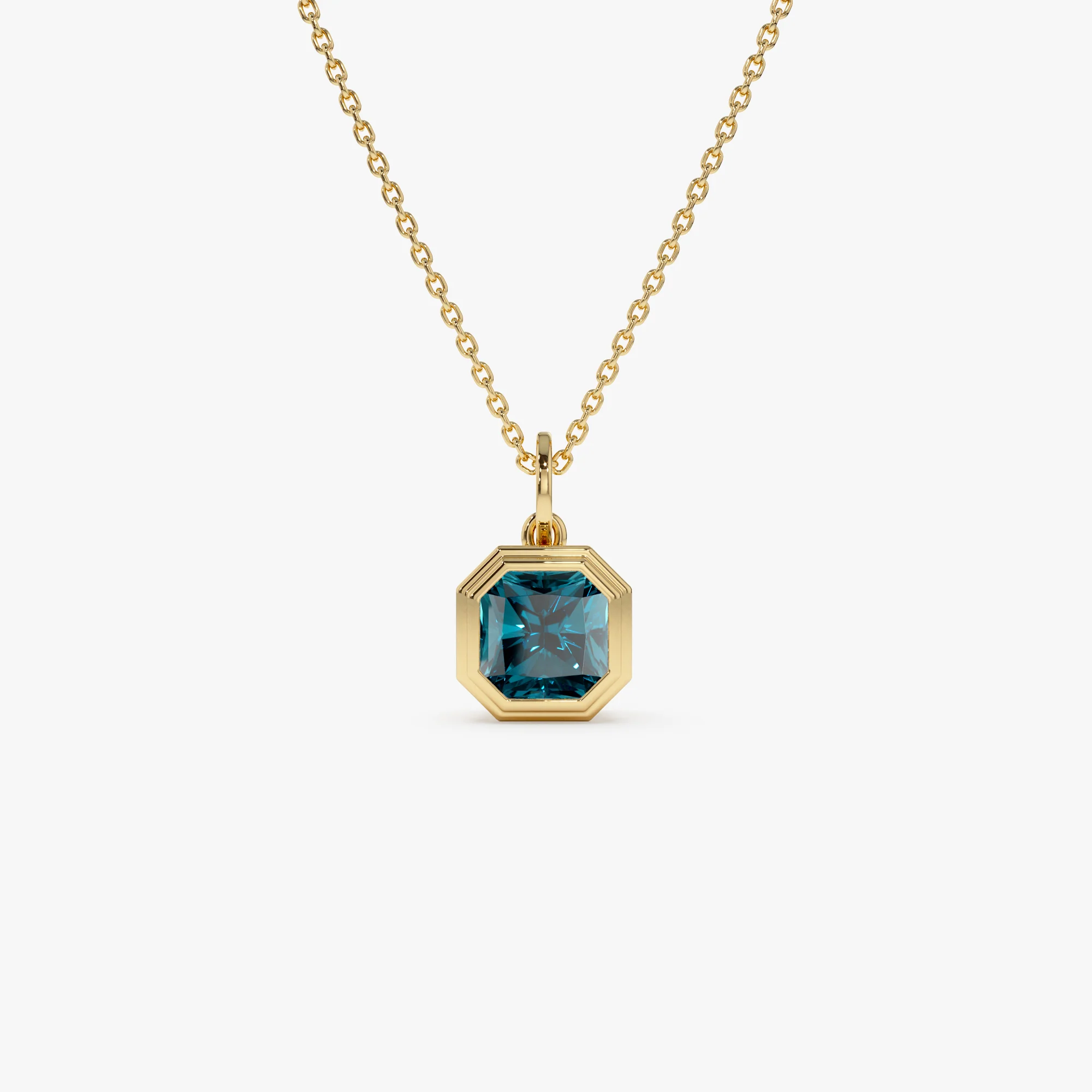 14K Asscher Cut Bezel Set London Blue Topaz Necklace