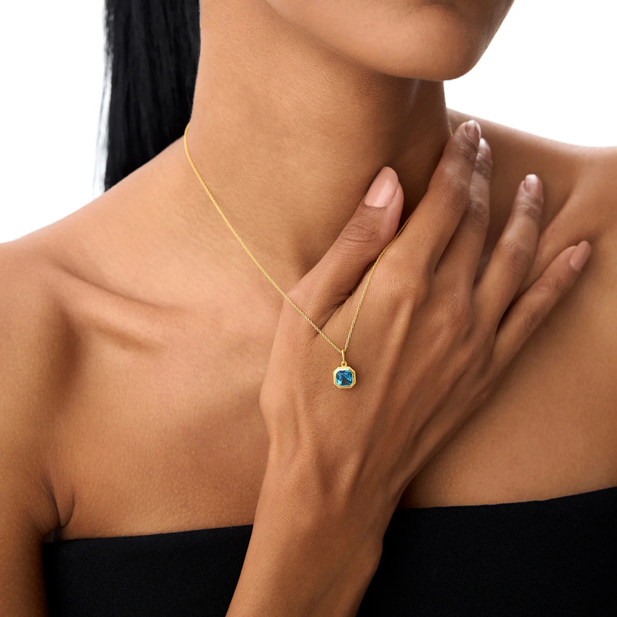 14K Asscher Cut Bezel Set London Blue Topaz Necklace - Image 2