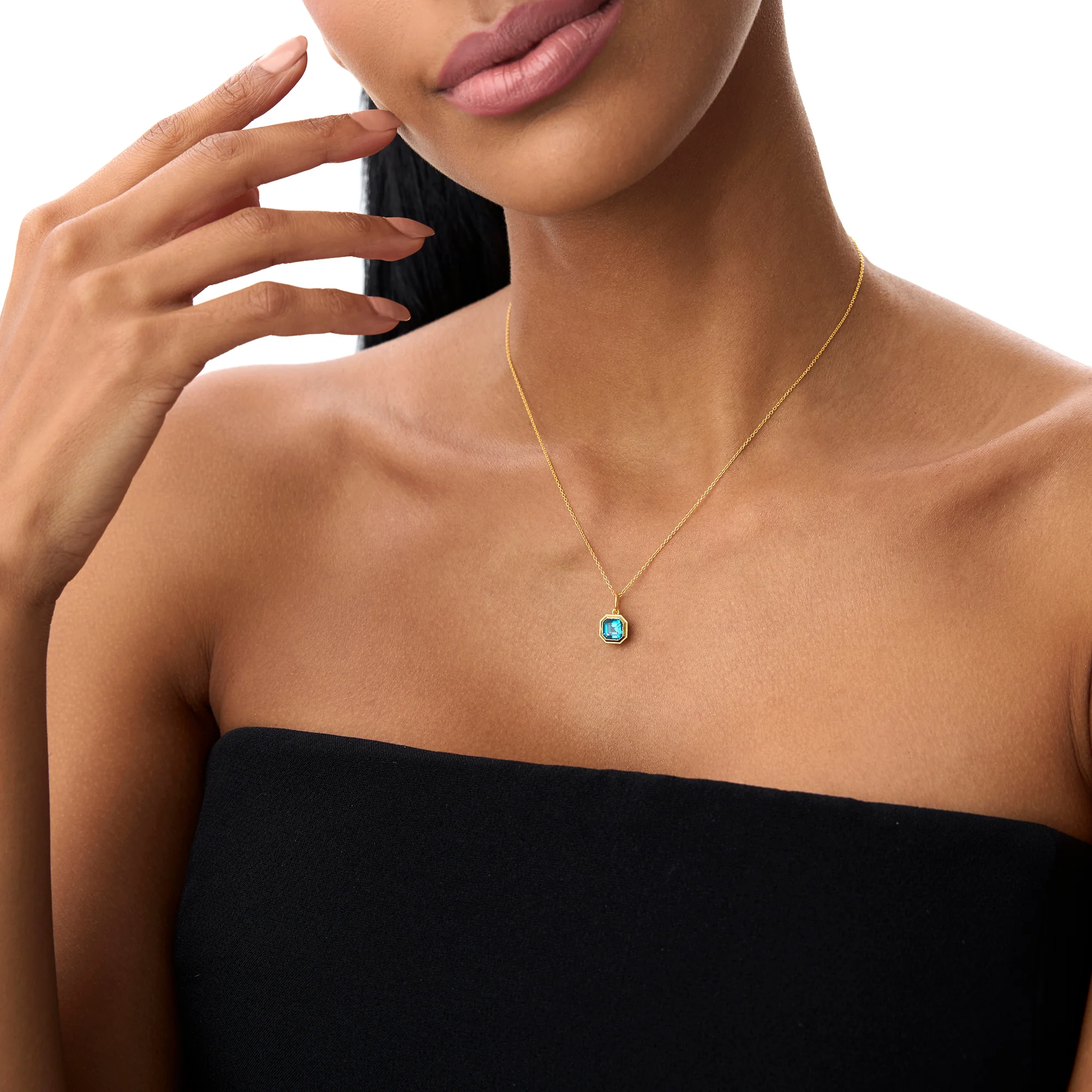 14K Asscher Cut Bezel Set London Blue Topaz Necklace - Image 4