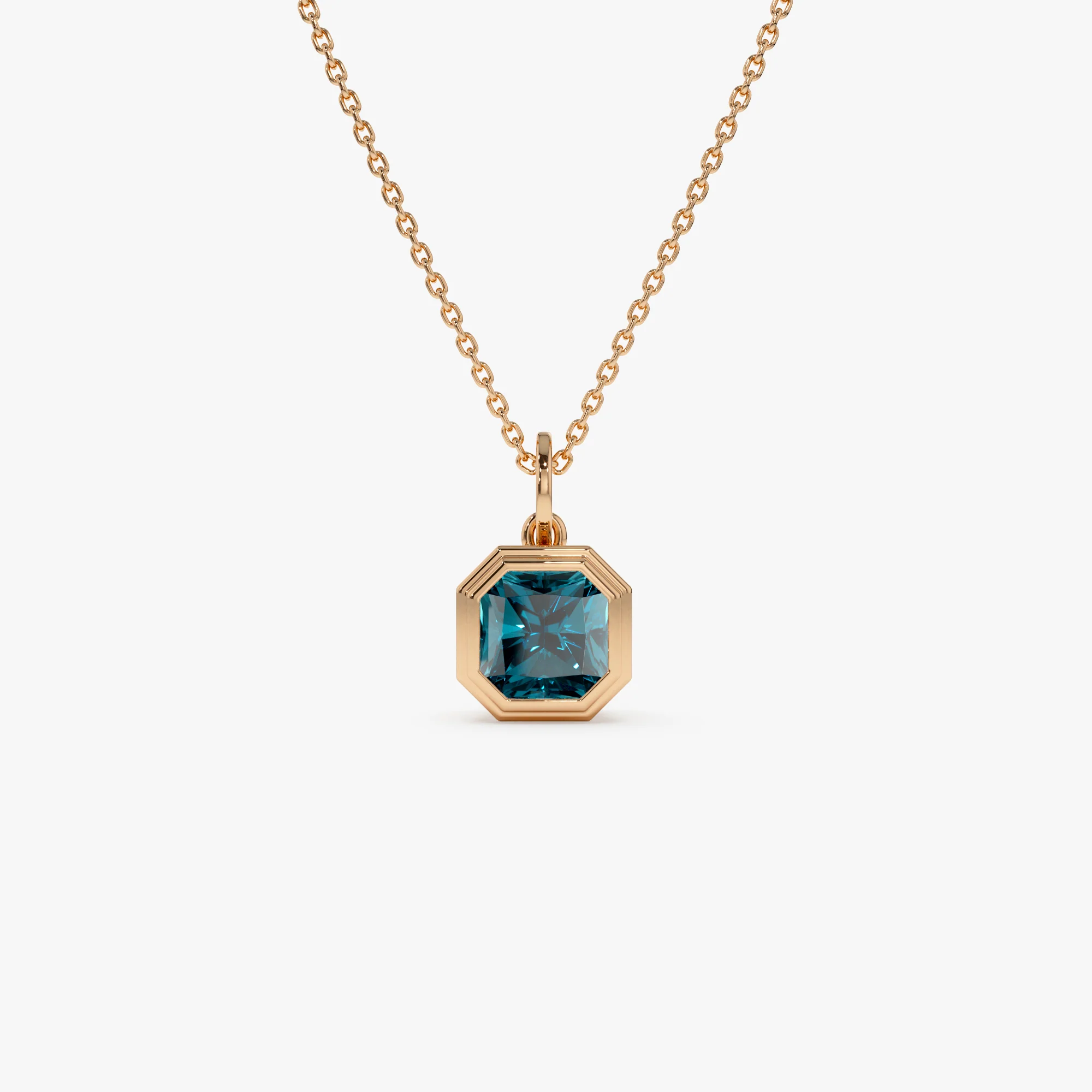 14K Asscher Cut Bezel Set London Blue Topaz Necklace - Image 5