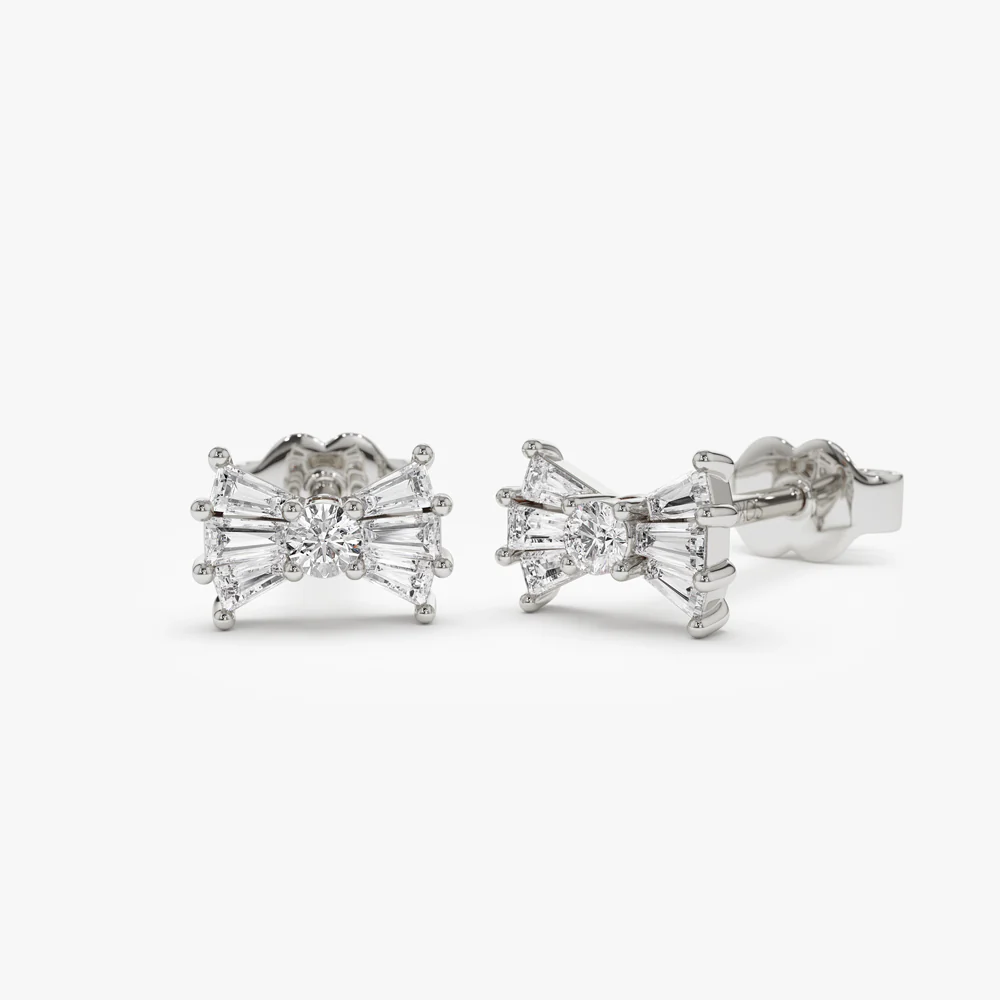 14k Baguette and Round Diamond Bow Stud Earrings - Image 6