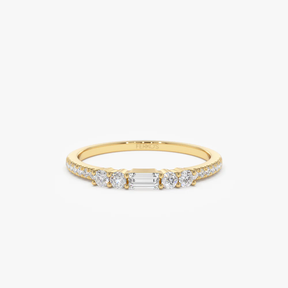 14k Baguette and Round Diamond Dainty Stackable Ring