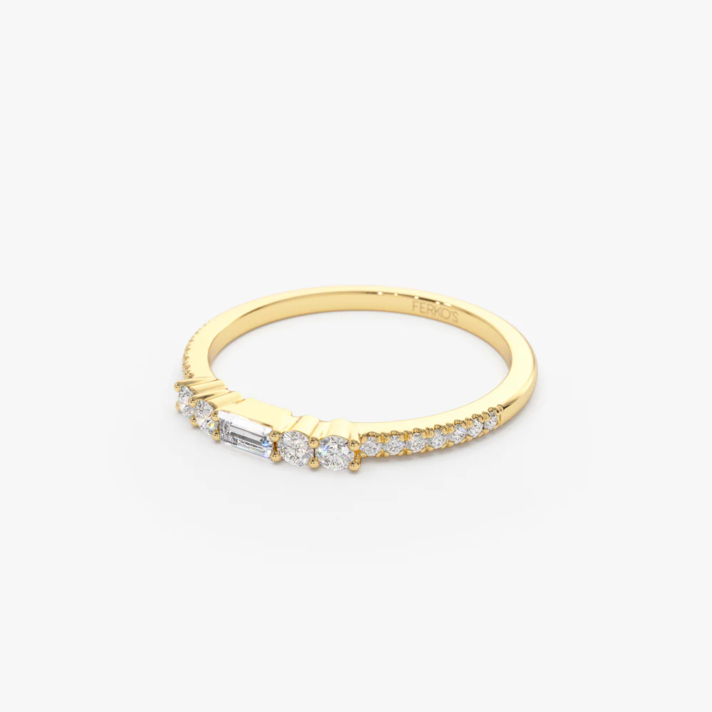 14k Baguette and Round Diamond Dainty Stackable Ring - Image 10