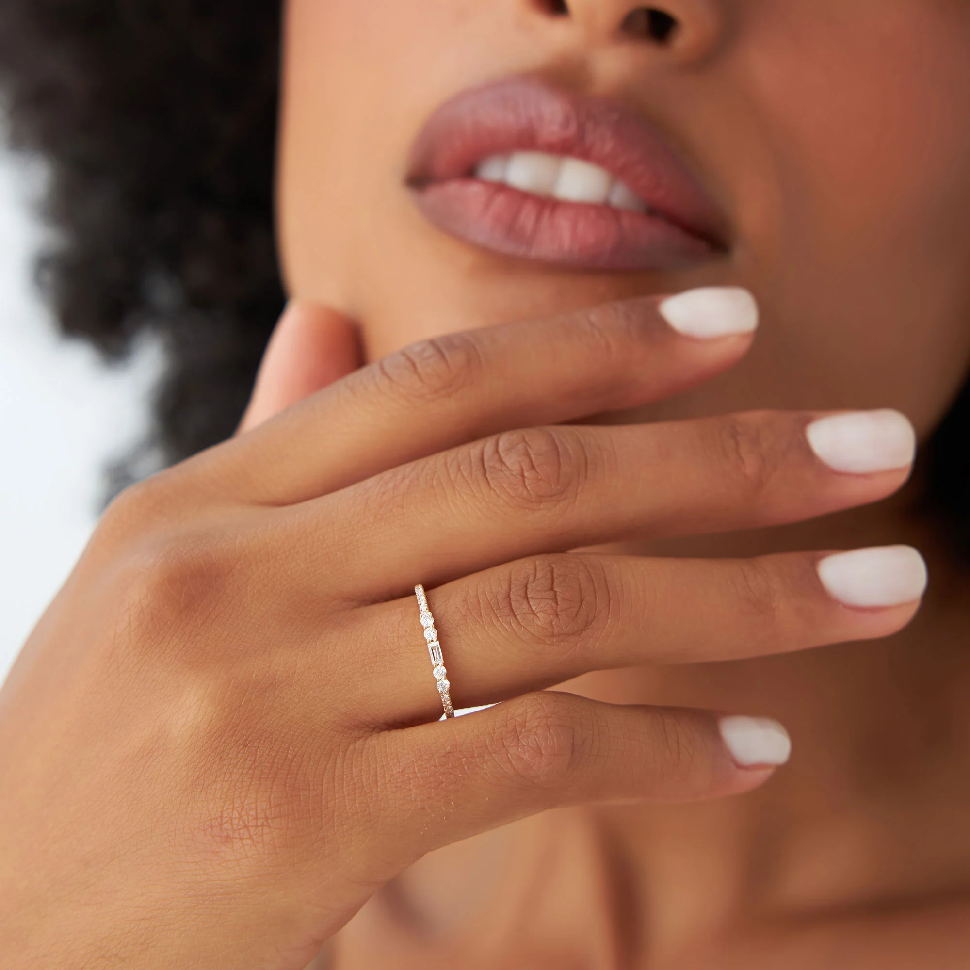 14k Baguette and Round Diamond Dainty Stackable Ring - Image 2