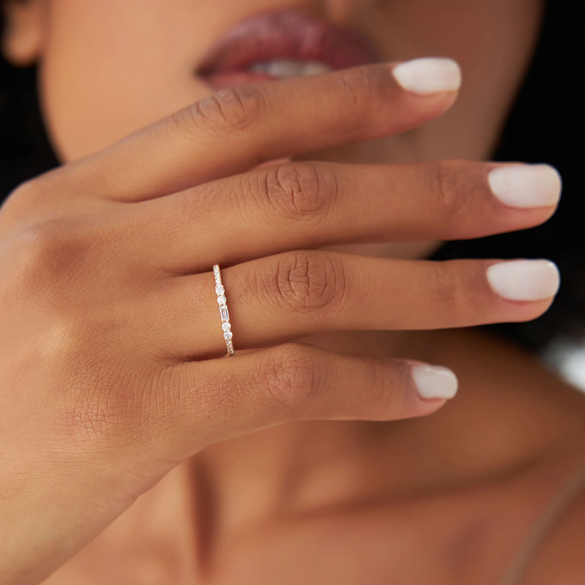 14k Baguette and Round Diamond Dainty Stackable Ring - Image 5