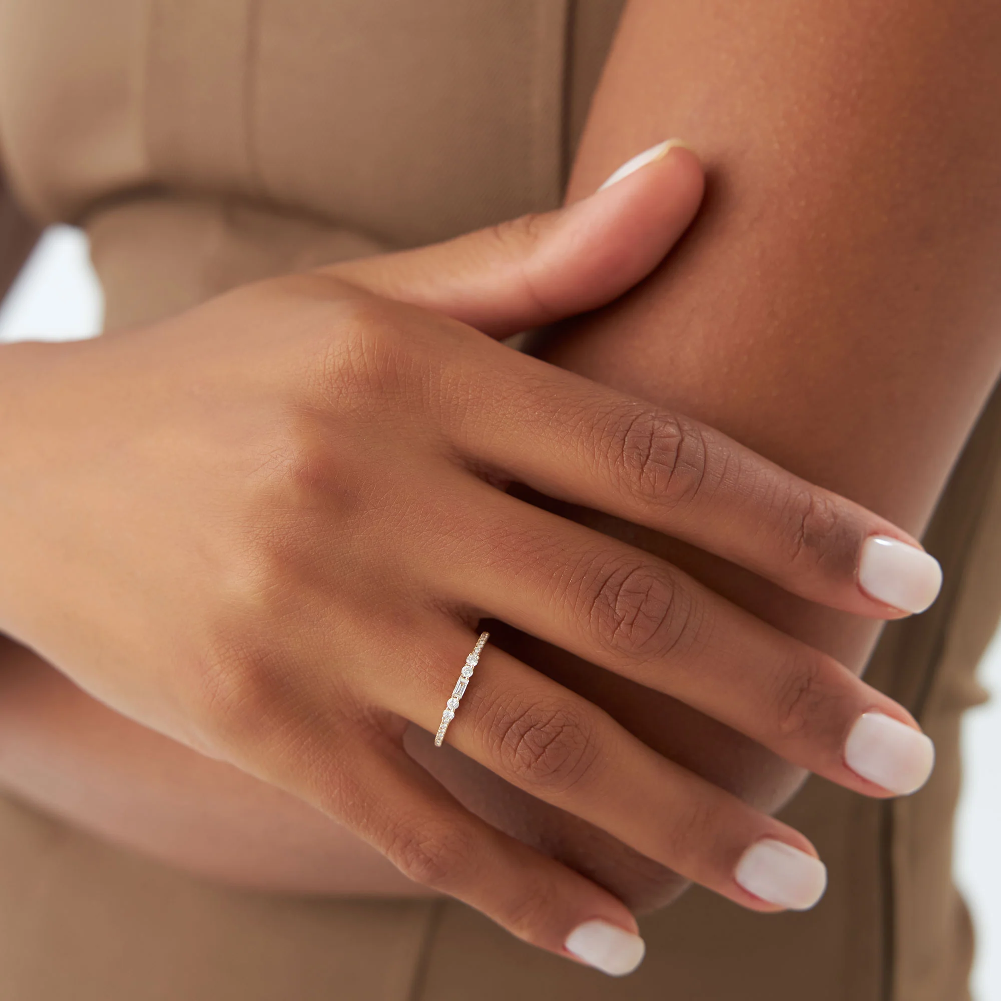14k Baguette and Round Diamond Dainty Stackable Ring - Image 6