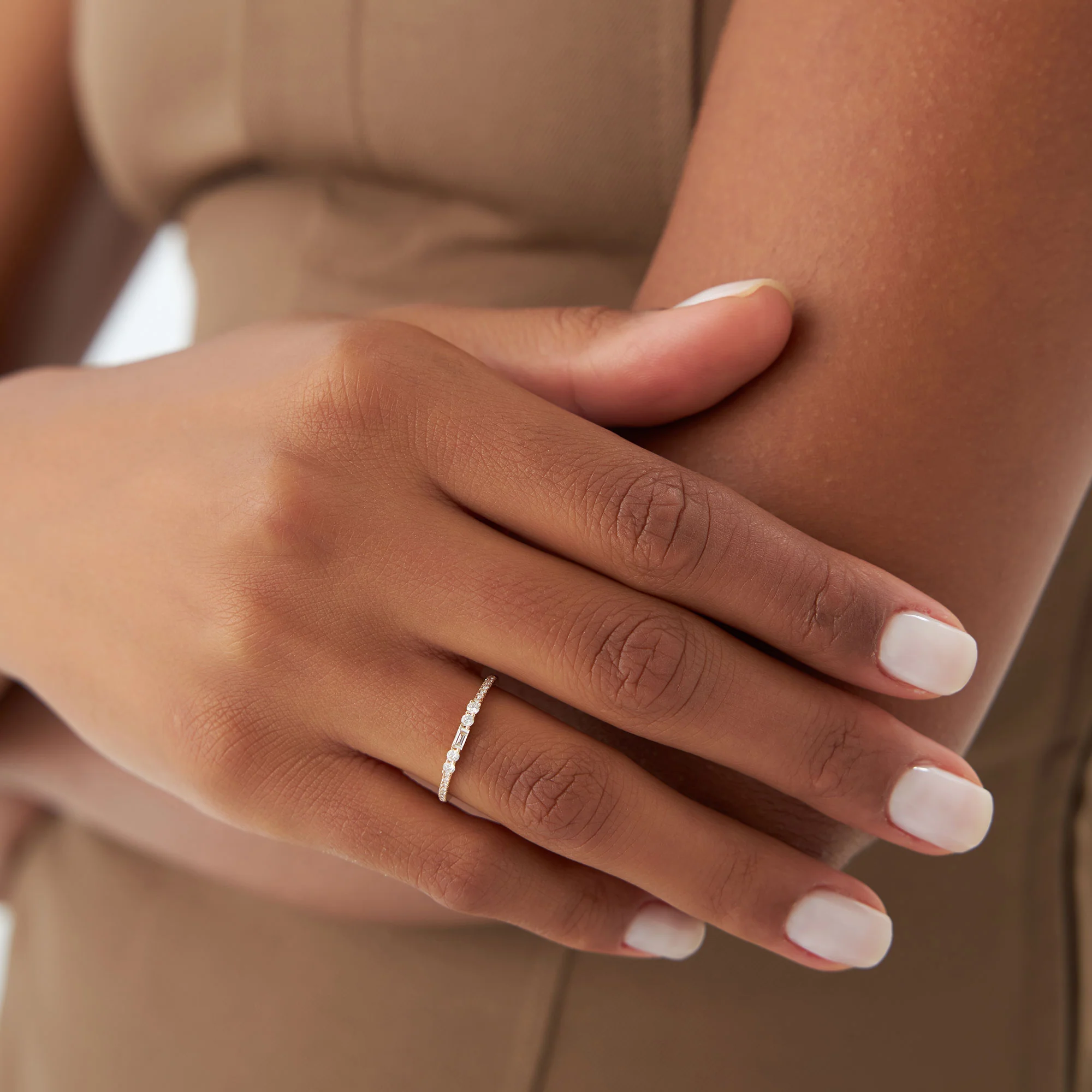 14k Baguette and Round Diamond Dainty Stackable Ring - Image 7