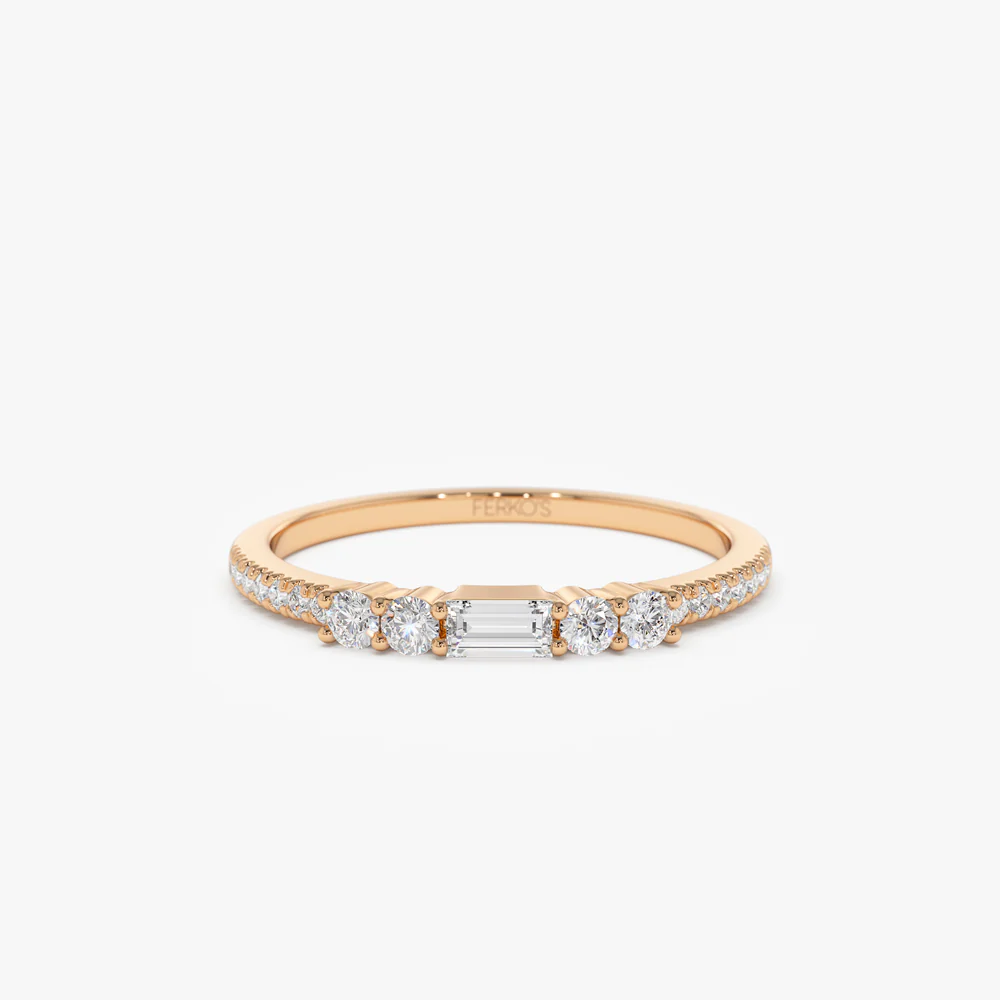 14k Baguette and Round Diamond Dainty Stackable Ring - Image 8