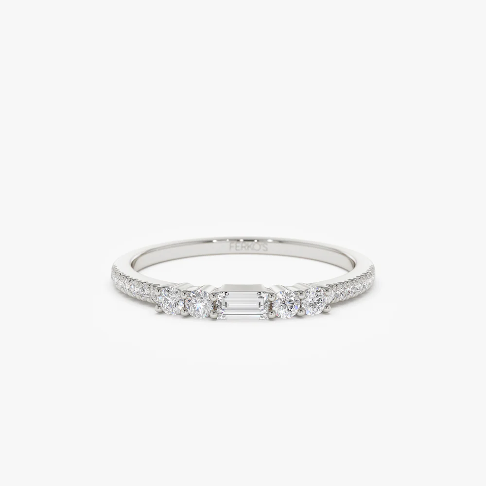 14k Baguette and Round Diamond Dainty Stackable Ring - Image 9