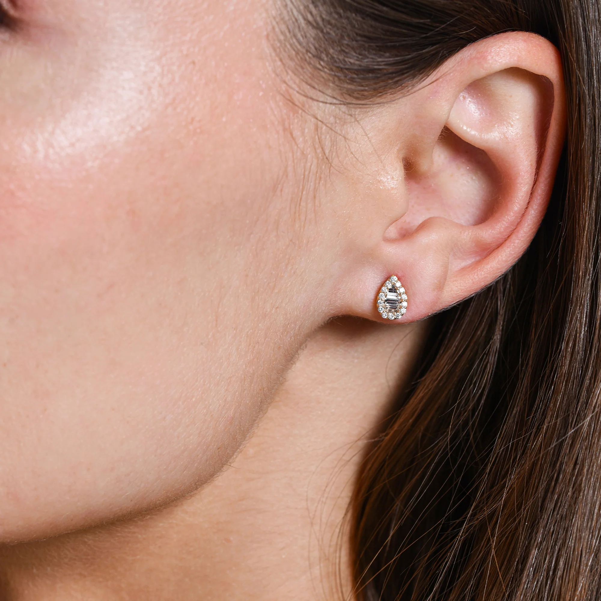 14k Baguette and Round Diamond Pear Studs - Image 4