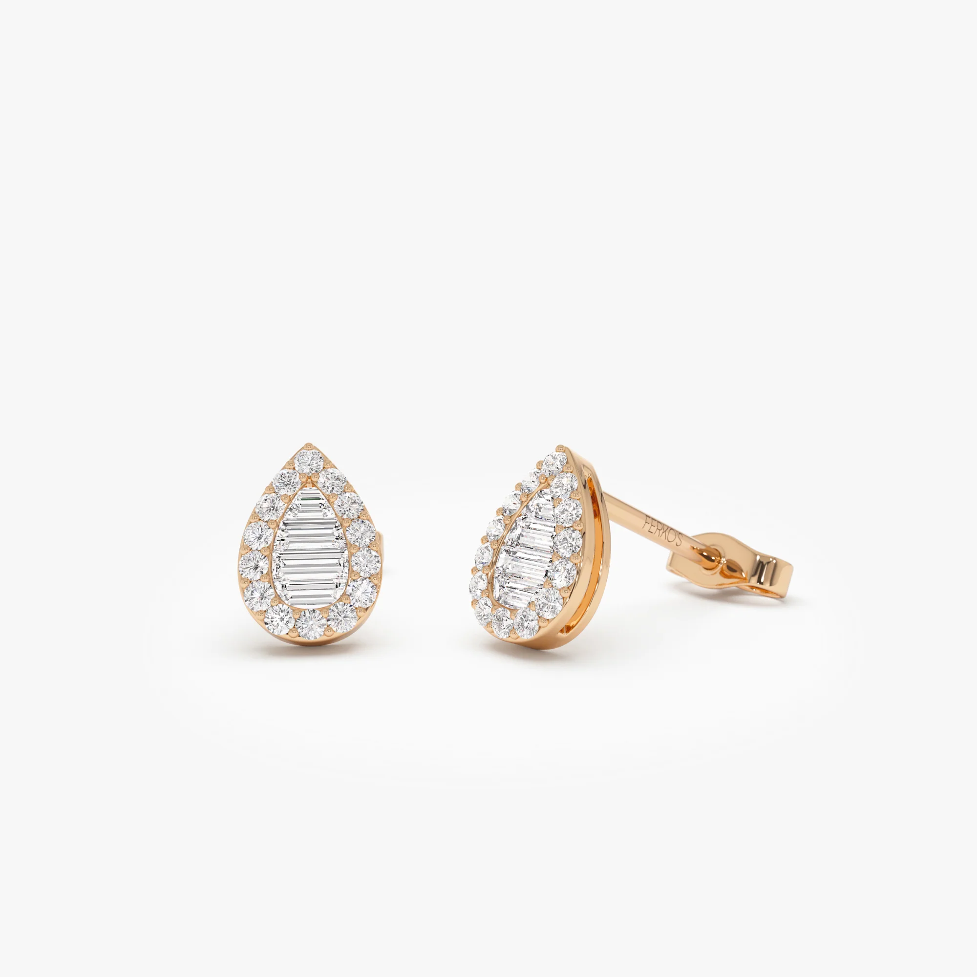 14k Baguette and Round Diamond Pear Studs - Image 5