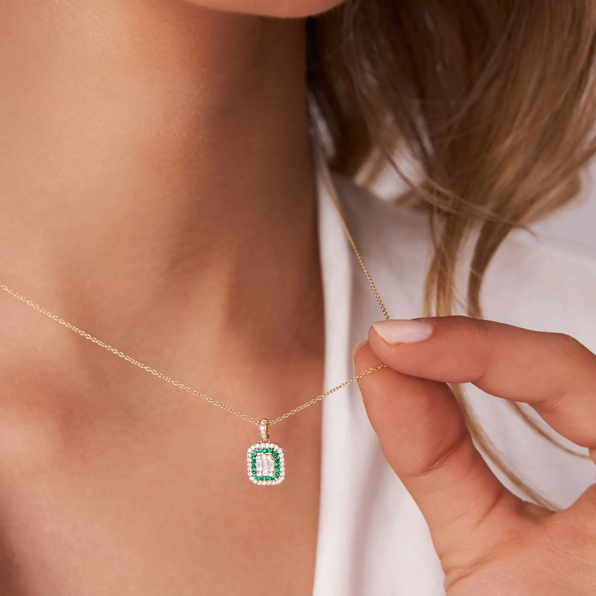 14k Baguette and Round Emerald Necklace with Halo Setting - Image 2