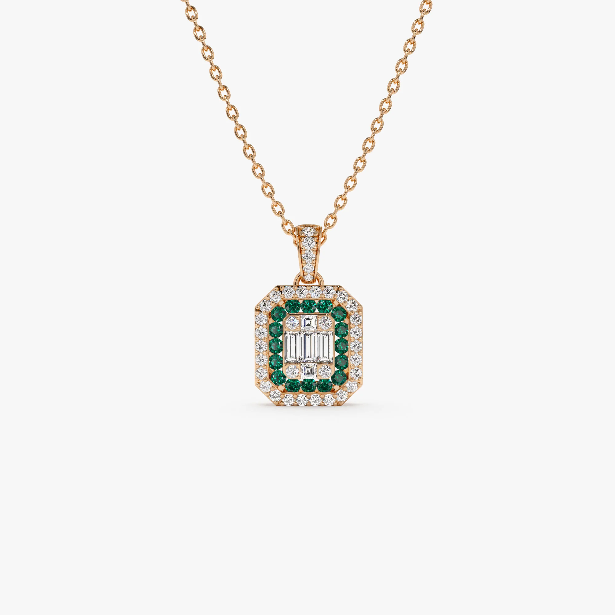 14k Baguette and Round Emerald Necklace with Halo Setting - Image 4