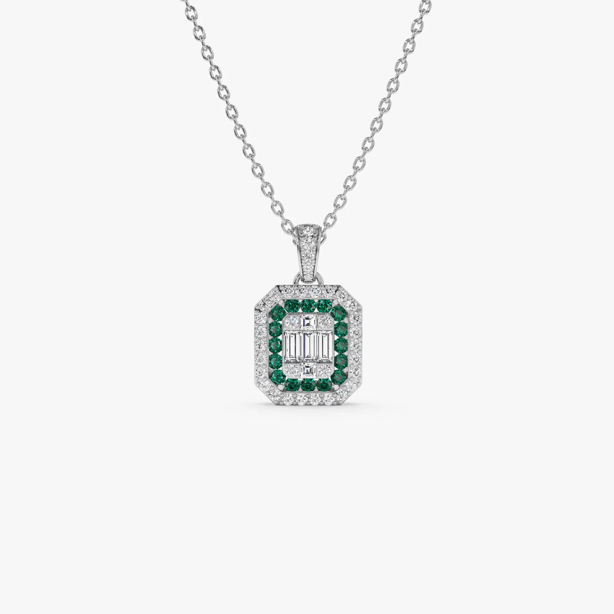 14k Baguette and Round Emerald Necklace with Halo Setting - Image 5