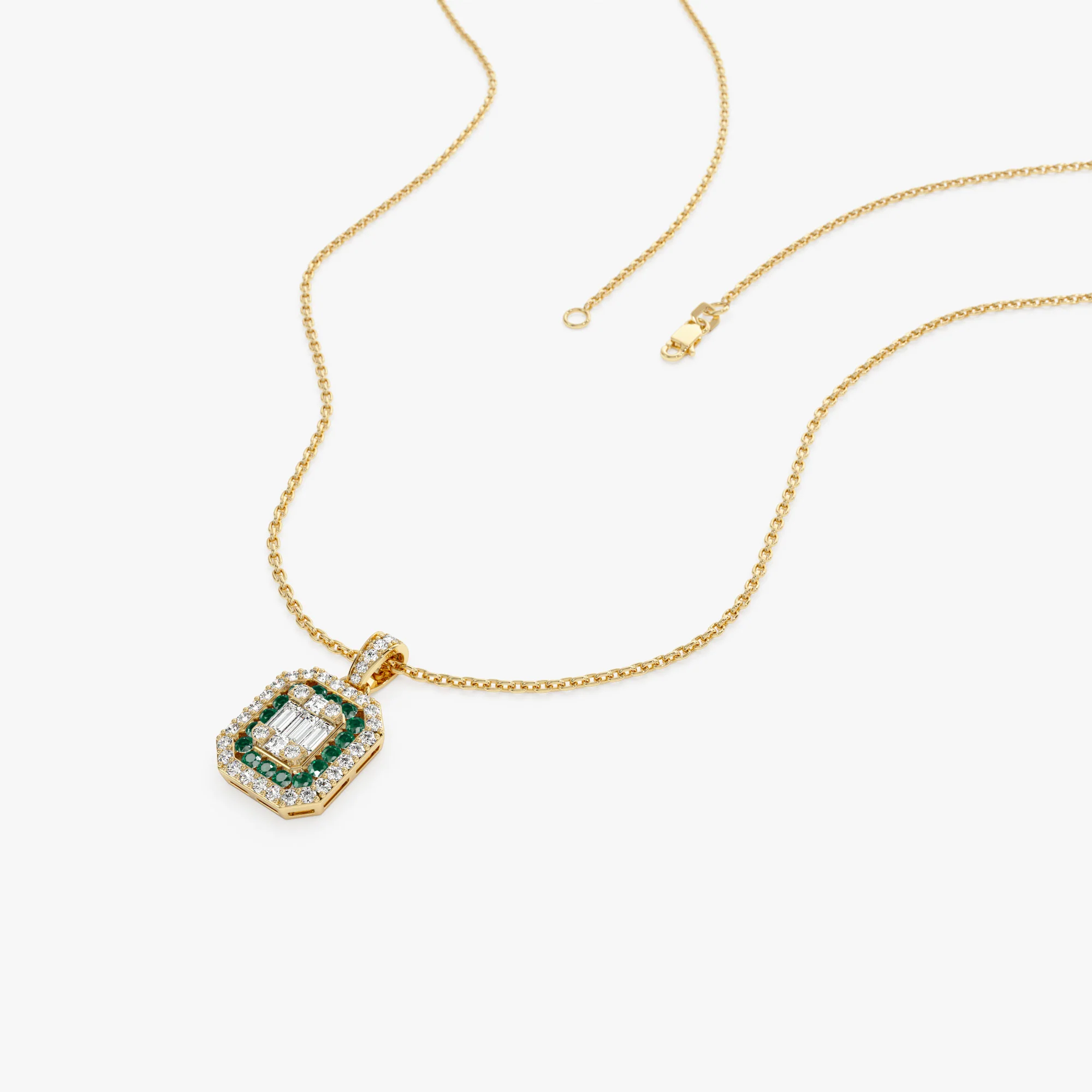 14k Baguette and Round Emerald Necklace with Halo Setting - Image 6