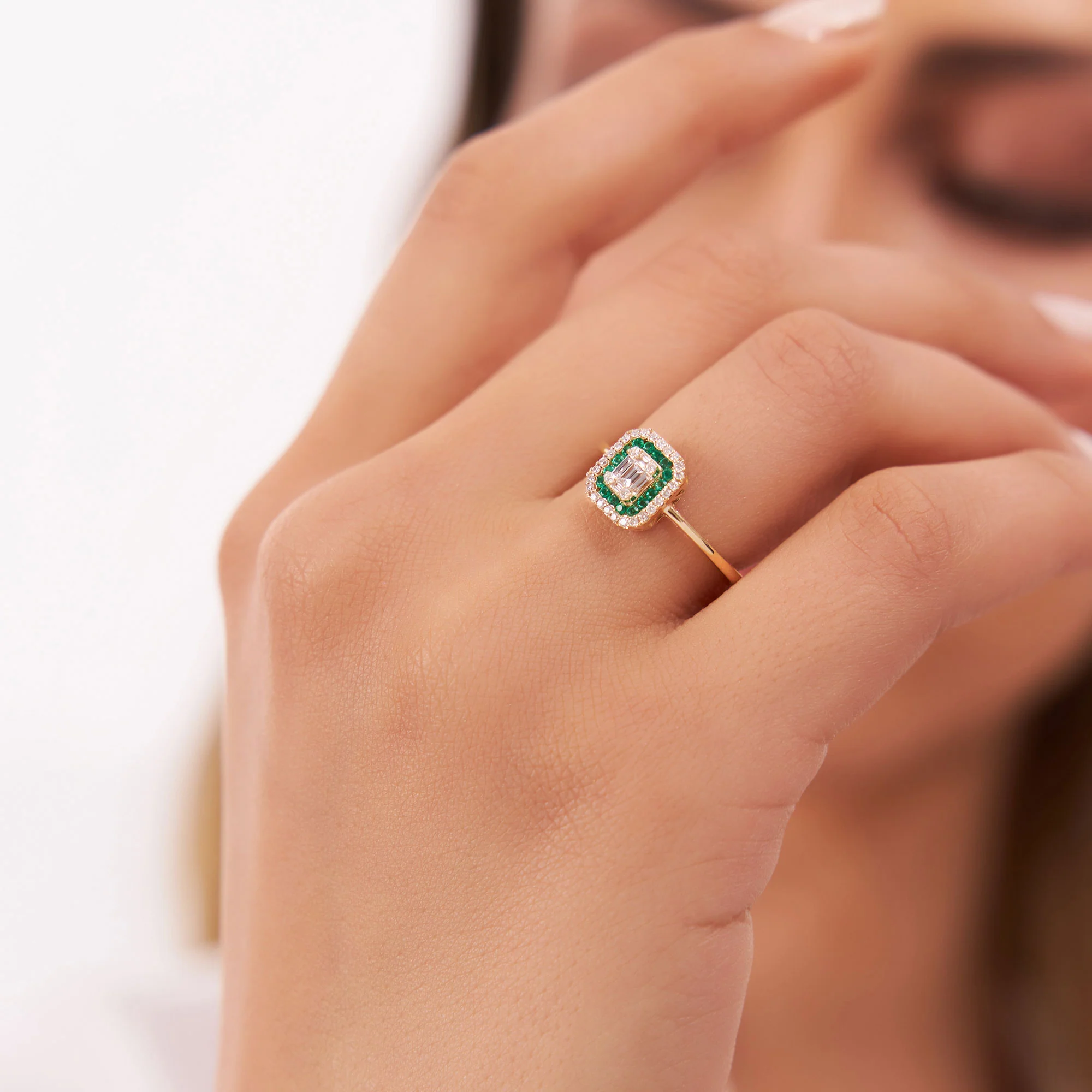 14k Baguette and Round Emerald Ring with Halo Setting - Image 2
