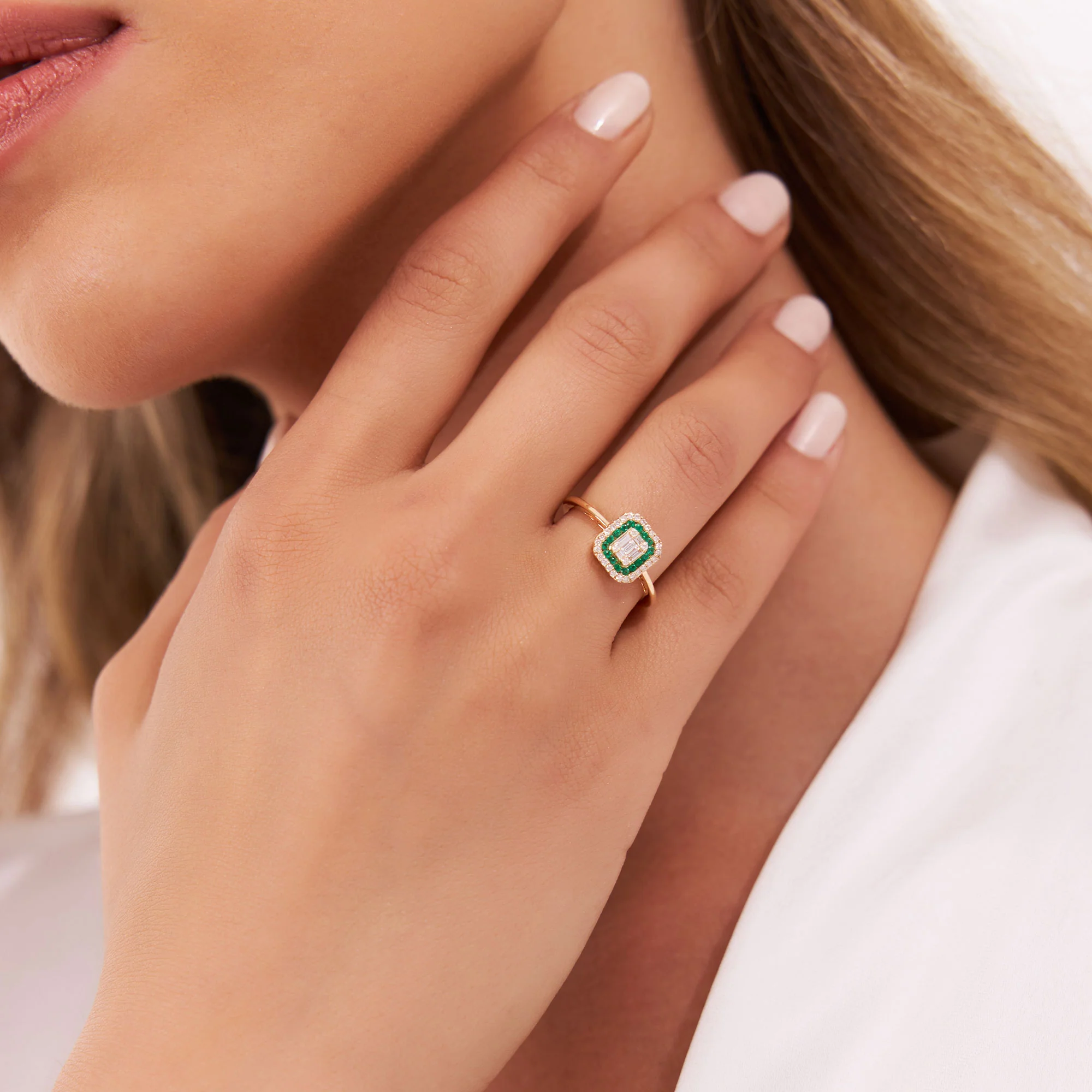 14k Baguette and Round Emerald Ring with Halo Setting - Image 3