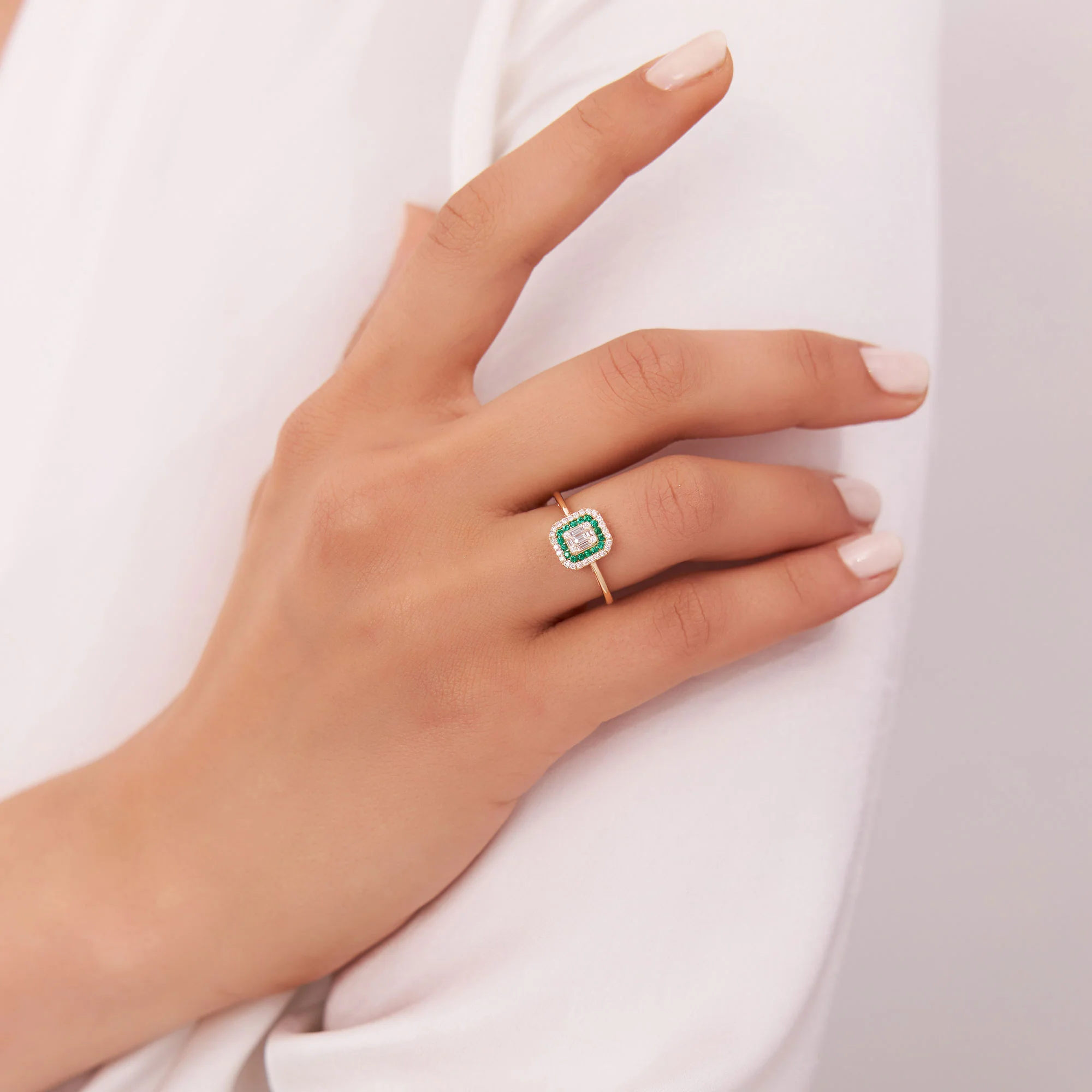 14k Baguette and Round Emerald Ring with Halo Setting - Image 4