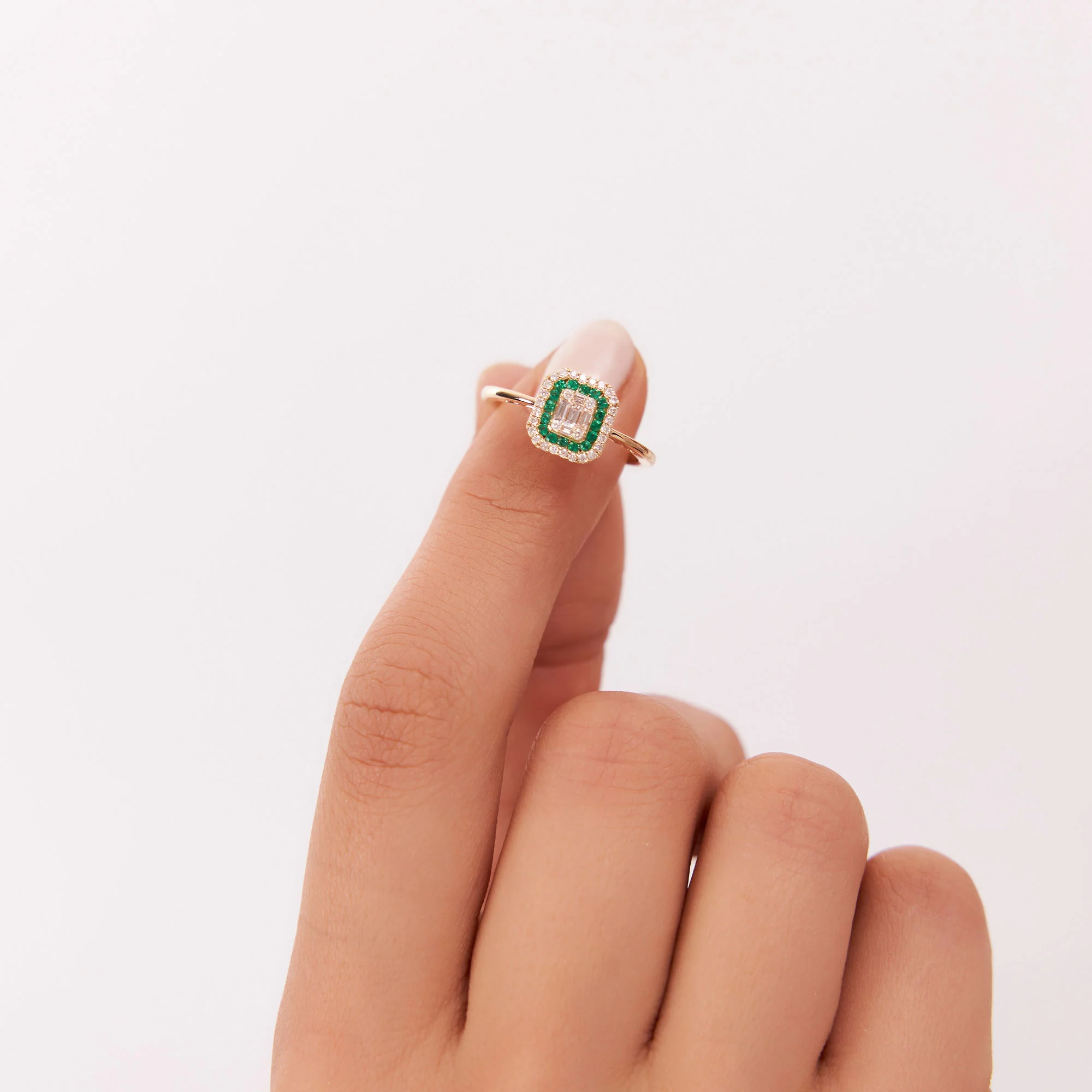 14k Baguette and Round Emerald Ring with Halo Setting - Image 5