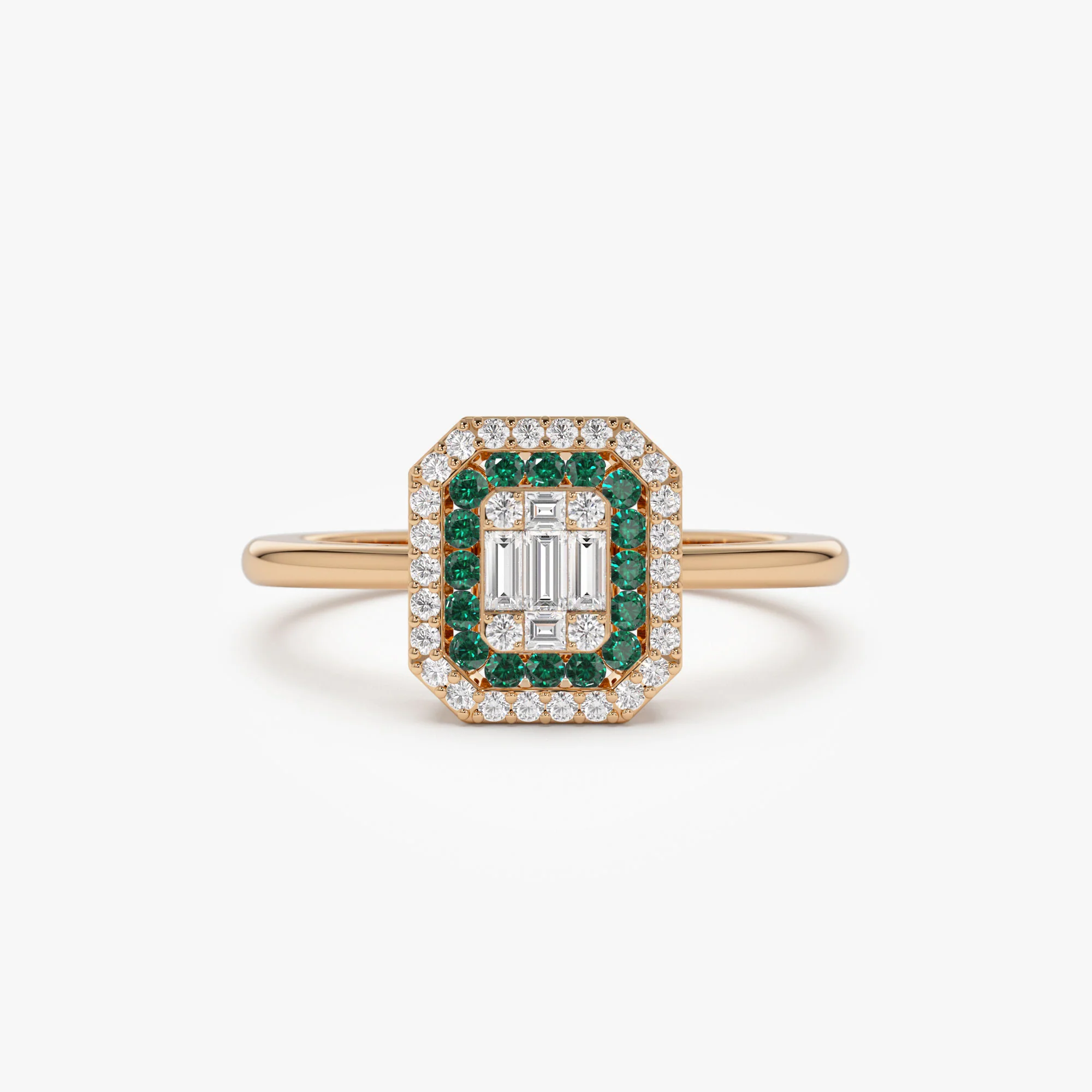 14k Baguette and Round Emerald Ring with Halo Setting - Image 6
