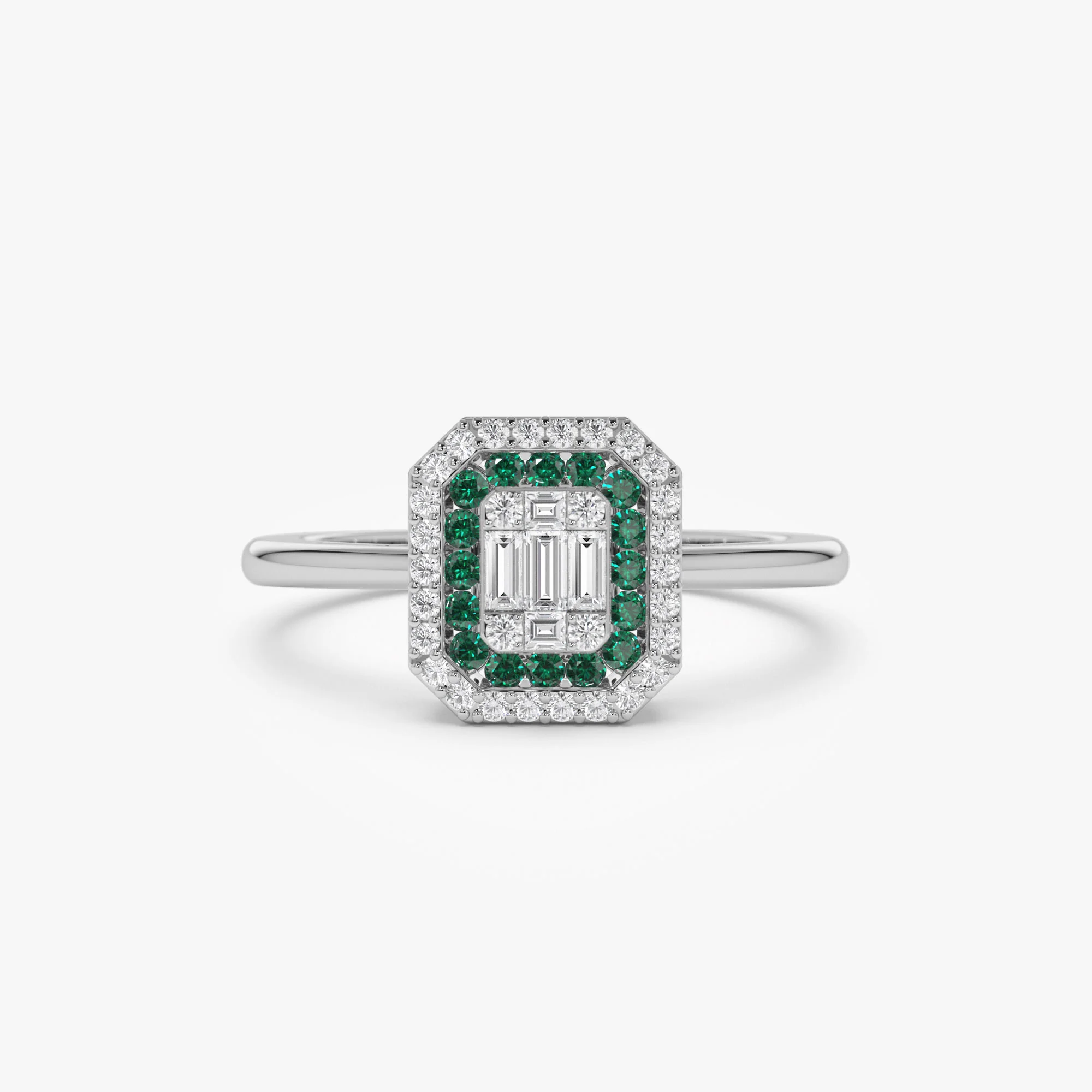 14k Baguette and Round Emerald Ring with Halo Setting - Image 7