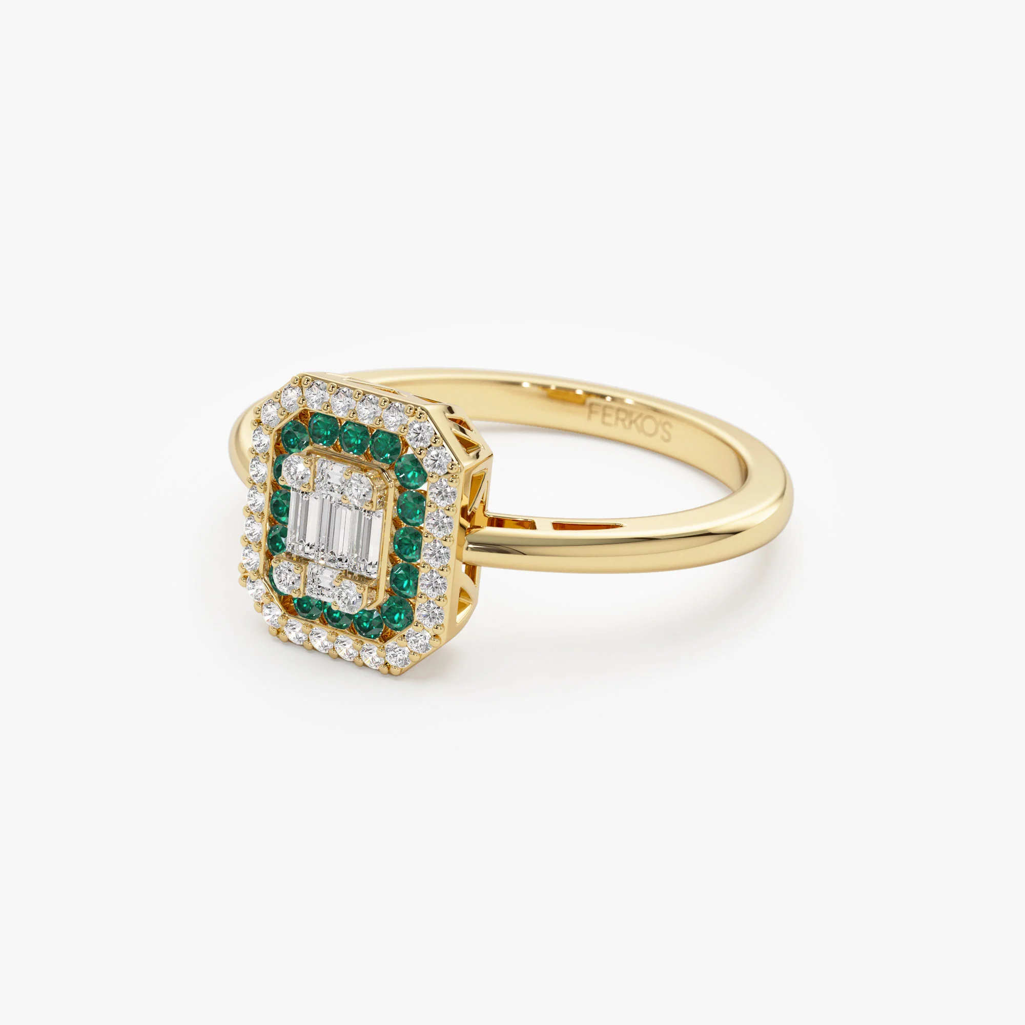 14k Baguette and Round Emerald Ring with Halo Setting - Image 8