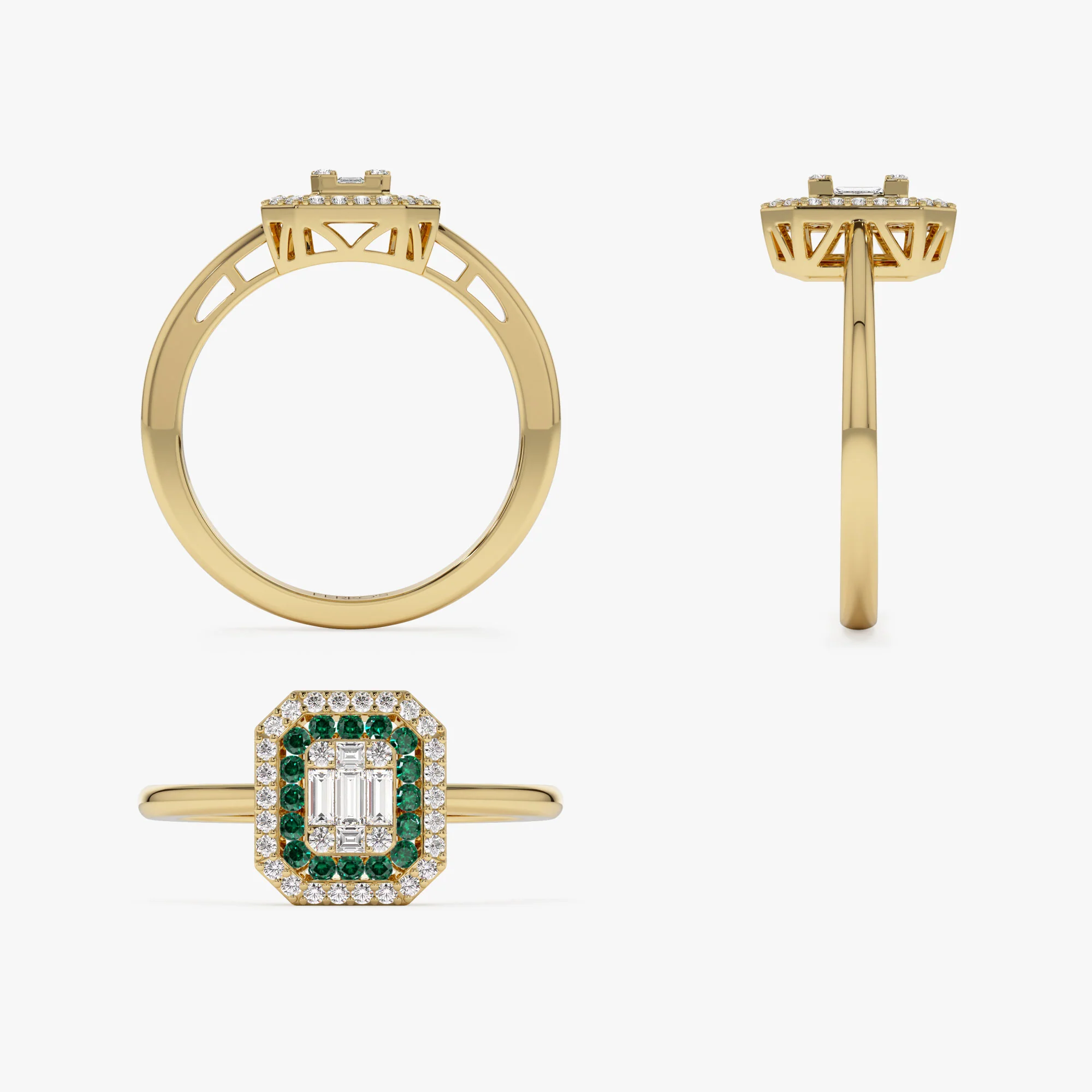 14k Baguette and Round Emerald Ring with Halo Setting - Image 9