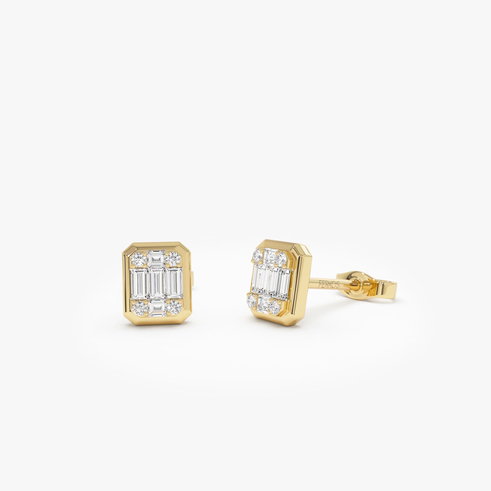 14k Baguette and Round Illusion Setting Diamond Studs