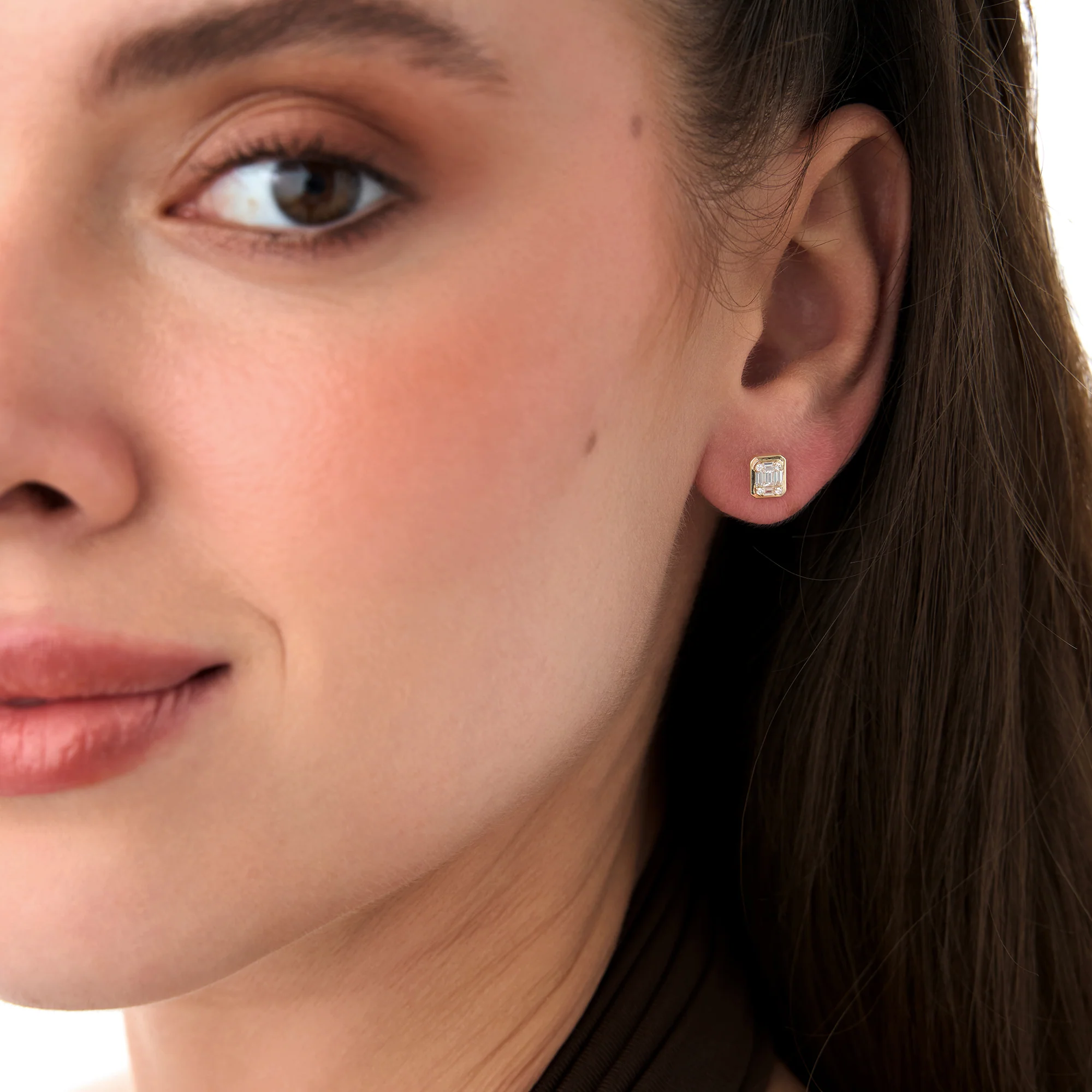14k Baguette and Round Illusion Setting Diamond Studs - Image 2