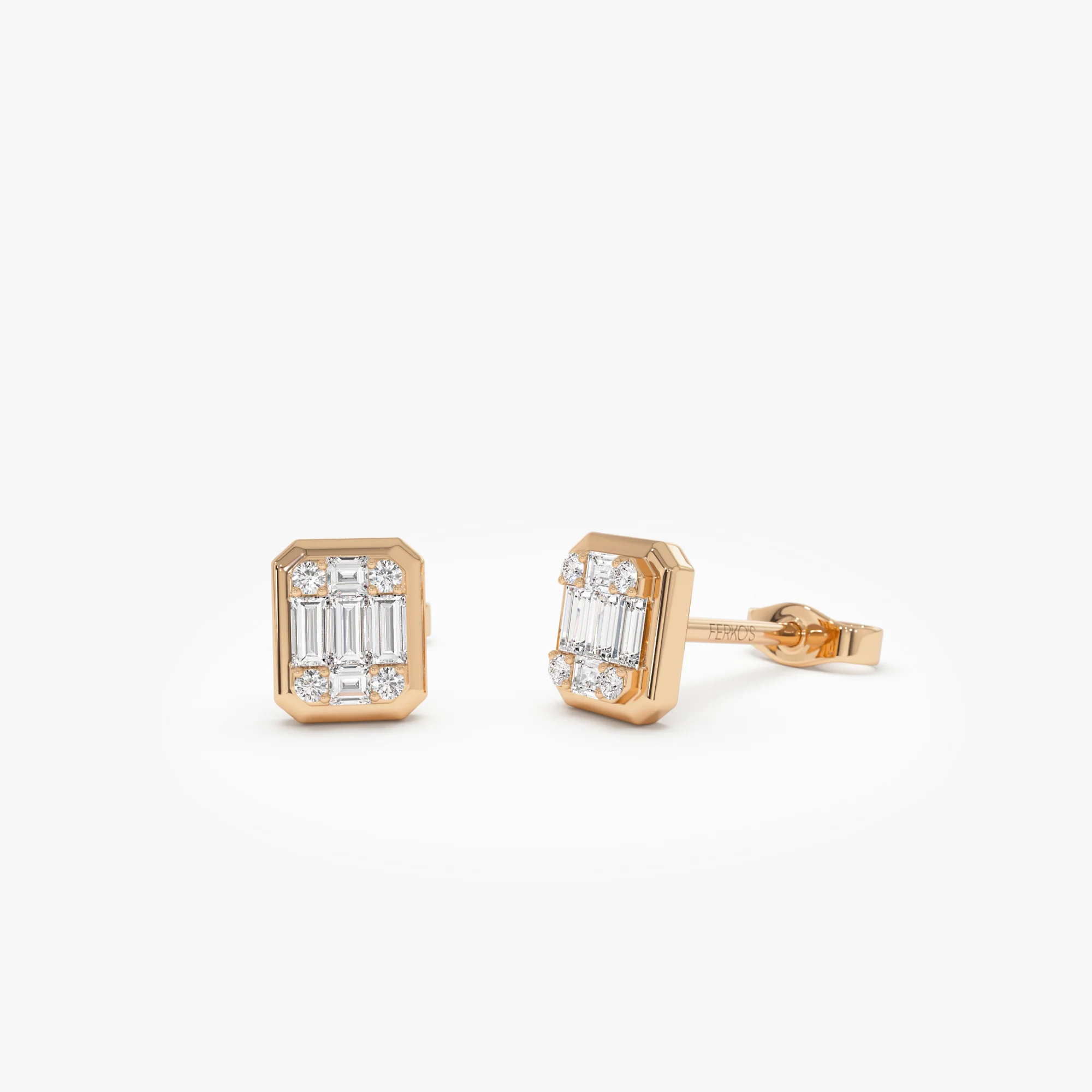 14k Baguette and Round Illusion Setting Diamond Studs - Image 5