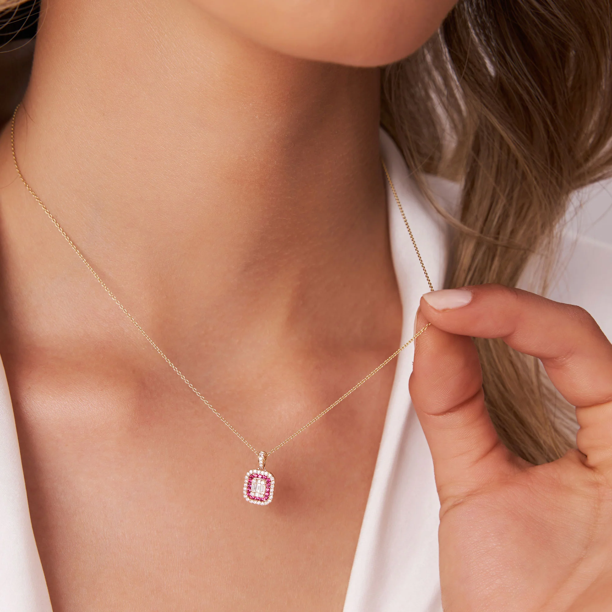 14k Baguette and Round Ruby Necklace with Halo Setting - Image 2