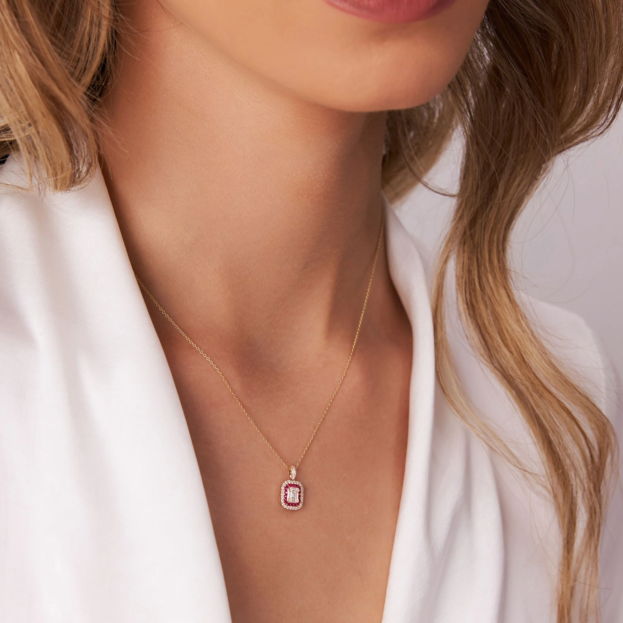 14k Baguette and Round Ruby Necklace with Halo Setting - Image 3